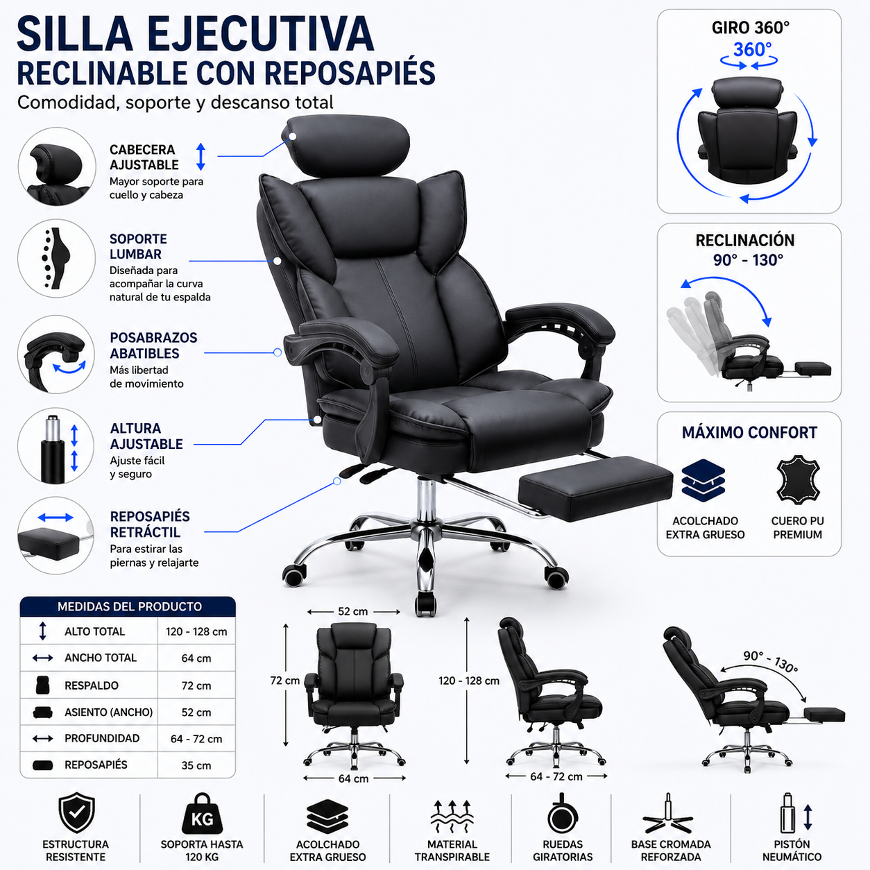 SILLA DE OFICINA GERENCIAL 777 XION ERGONÓMICA DE CUERO PU CON POSAPIÉS Y REPOSACABEZAS REGULABLE NEGRO - 9