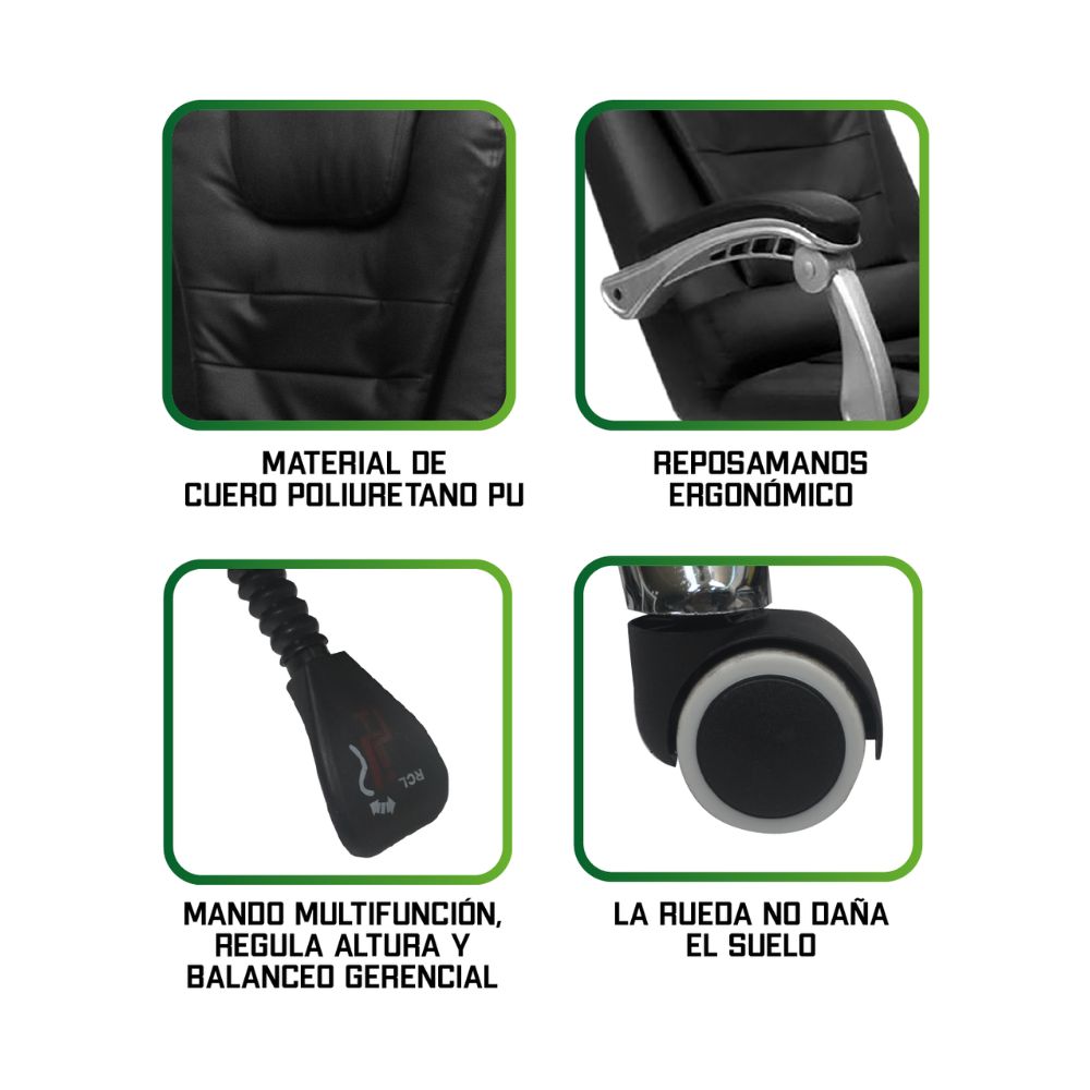 SILLA DE OFICINA GERENCIAL 707 XION ERGONÓMICA DE CUERO PU CON POSAPIÉS, MASAJEADOR LUMBAR Y RECLINACIÓN 135 GRADOS NEGRO - 7