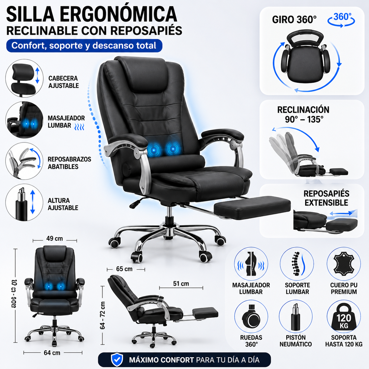 SILLA DE OFICINA GERENCIAL 707 XION ERGONÓMICA DE CUERO PU CON POSAPIÉS, MASAJEADOR LUMBAR Y RECLINACIÓN 135 GRADOS NEGRO - 9