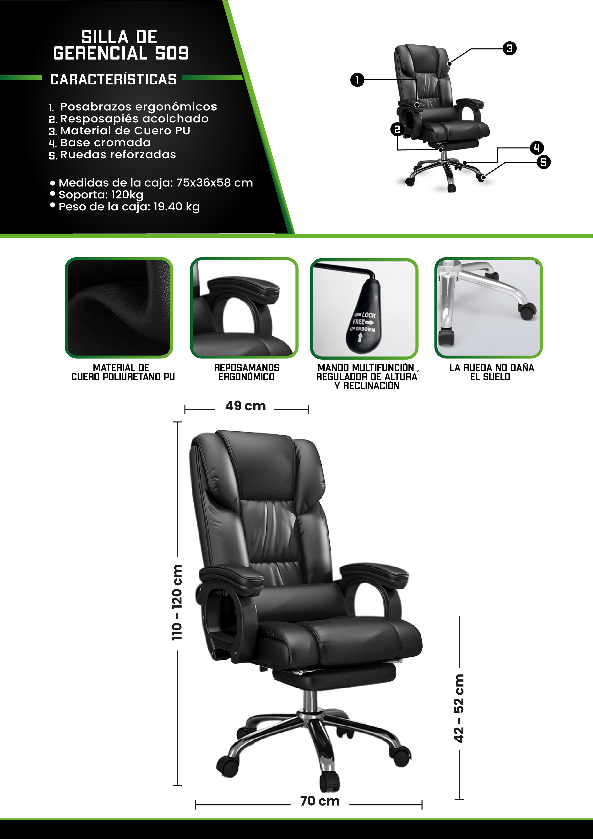 SILLA DE OFICINA GERENCIAL 509 XION ERGONÓMICA DE CUERO PU CON POSAPIÉS Y RECLINACIÓN 135 GRADOS NEGRO - 8