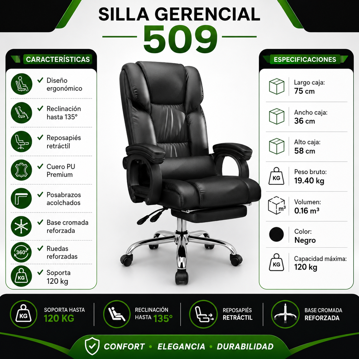 SILLA DE OFICINA GERENCIAL 509 XION ERGONÓMICA DE CUERO PU CON POSAPIÉS Y RECLINACIÓN 135 GRADOS NEGRO - 9