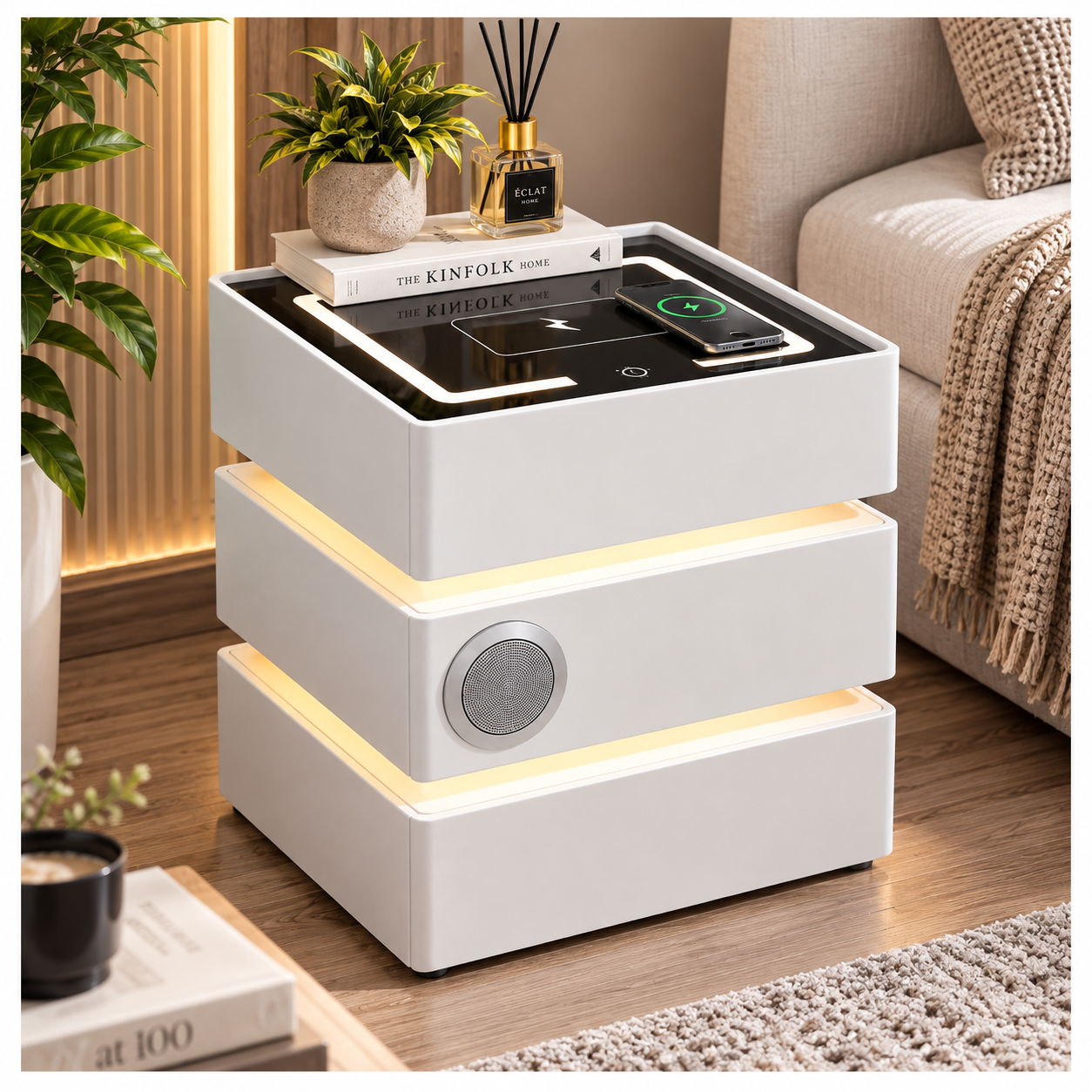 MESA DE NOCHE SMART VR. 5 DE MADERA CON 3 NIVELES, CARGA INALÁMBRICA, PARLANTES BLUETOOTH, USB, LUZ DE 3 TONOS Y CAJONES - 1