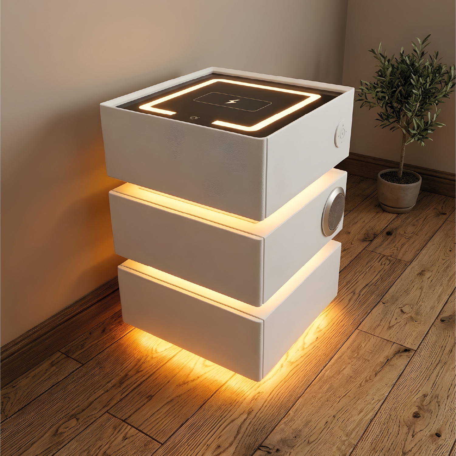MESA DE NOCHE SMART VR. 5 DE MADERA CON 3 NIVELES, CARGA INALÁMBRICA, PARLANTES BLUETOOTH, USB, LUZ DE 3 TONOS Y CAJONES - 2