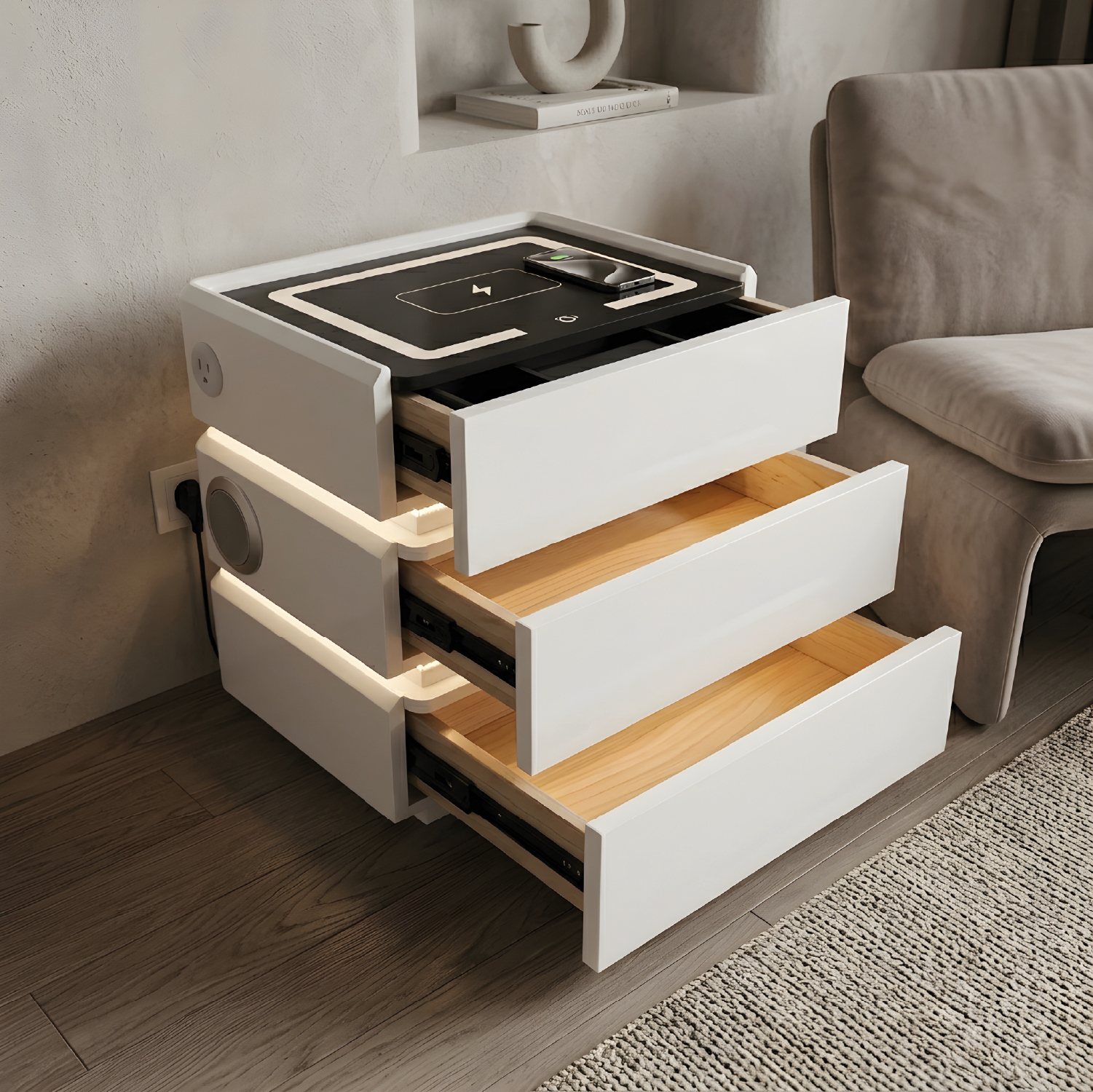 MESA DE NOCHE SMART VR. 5 DE MADERA CON 3 NIVELES, CARGA INALÁMBRICA, PARLANTES BLUETOOTH, USB, LUZ DE 3 TONOS Y CAJONES - 3