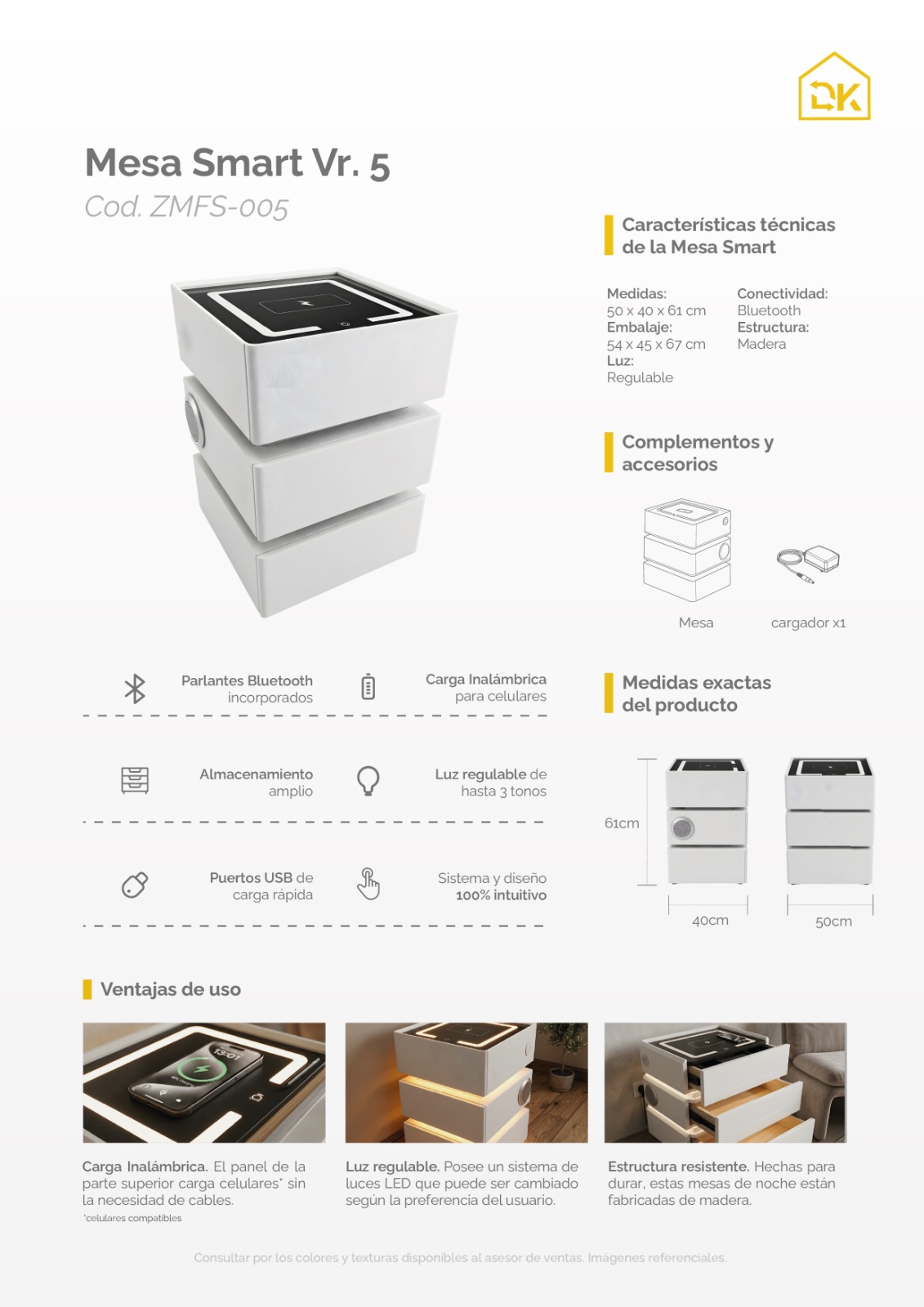 MESA DE NOCHE SMART VR. 5 DE MADERA CON 3 NIVELES, CARGA INALÁMBRICA, PARLANTES BLUETOOTH, USB, LUZ DE 3 TONOS Y CAJONES - 5