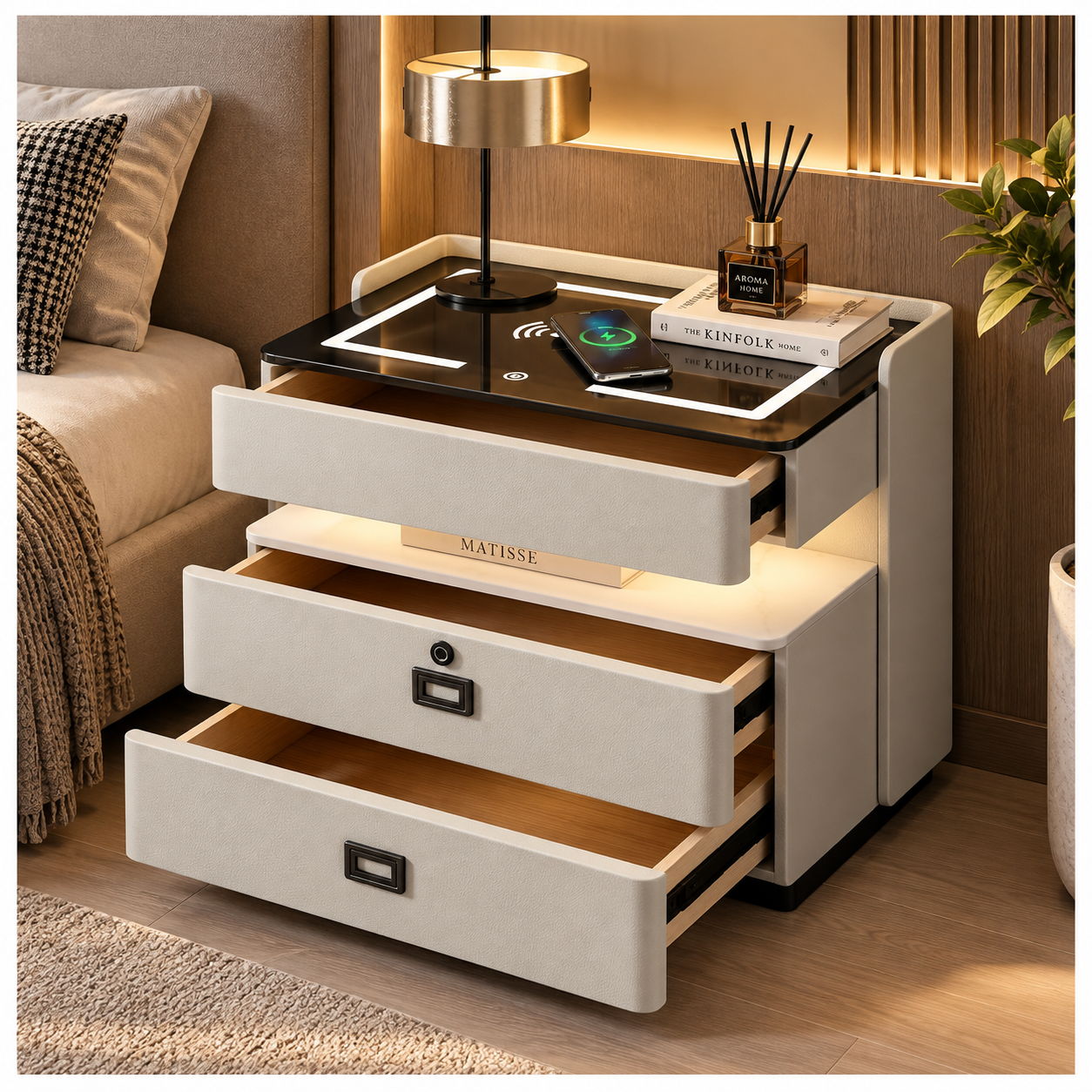 MESA DE NOCHE SMART VR. 8 DE MADERA CON HUELLA DACTILAR, CARGA INALÁMBRICA, PARLANTE BLUETOOTH, USB, LUZ REGULABLE Y CAJONES - 1