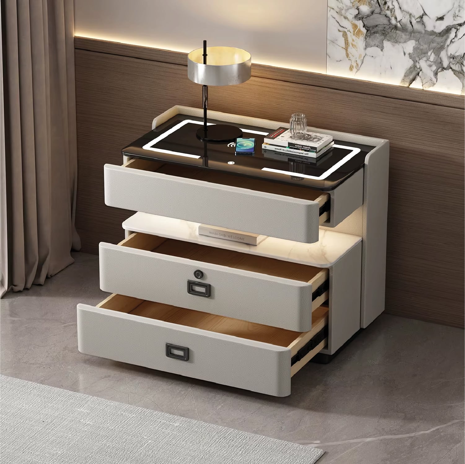 MESA DE NOCHE SMART VR. 8 DE MADERA CON HUELLA DACTILAR, CARGA INALÁMBRICA, PARLANTE BLUETOOTH, USB, LUZ REGULABLE Y CAJONES - 3
