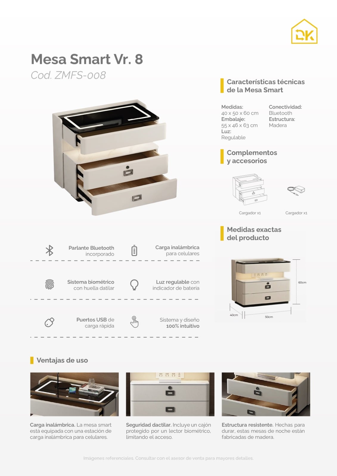 MESA DE NOCHE SMART VR. 8 DE MADERA CON HUELLA DACTILAR, CARGA INALÁMBRICA, PARLANTE BLUETOOTH, USB, LUZ REGULABLE Y CAJONES - 7