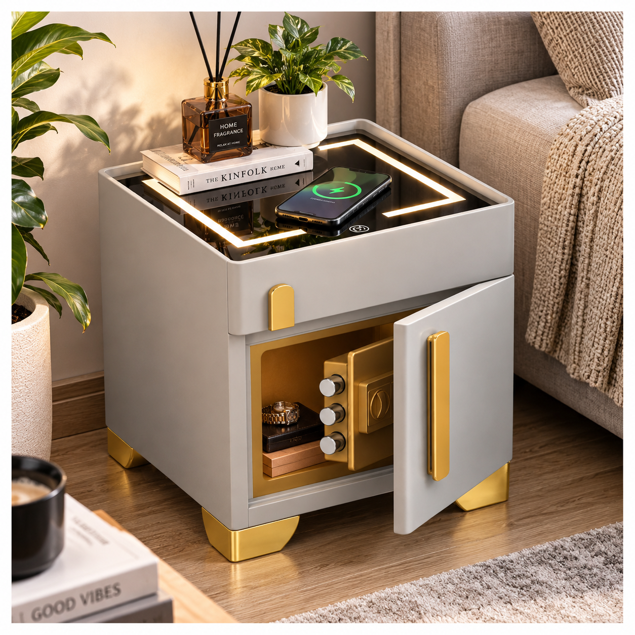 MESA DE NOCHE SMART VR. 2 DE MADERA CON BÓVEDA INTERNA, CLAVE, CARGA INALÁMBRICA, PARLANTE BLUETOOTH, USB Y LUZ REGULABLE - 1