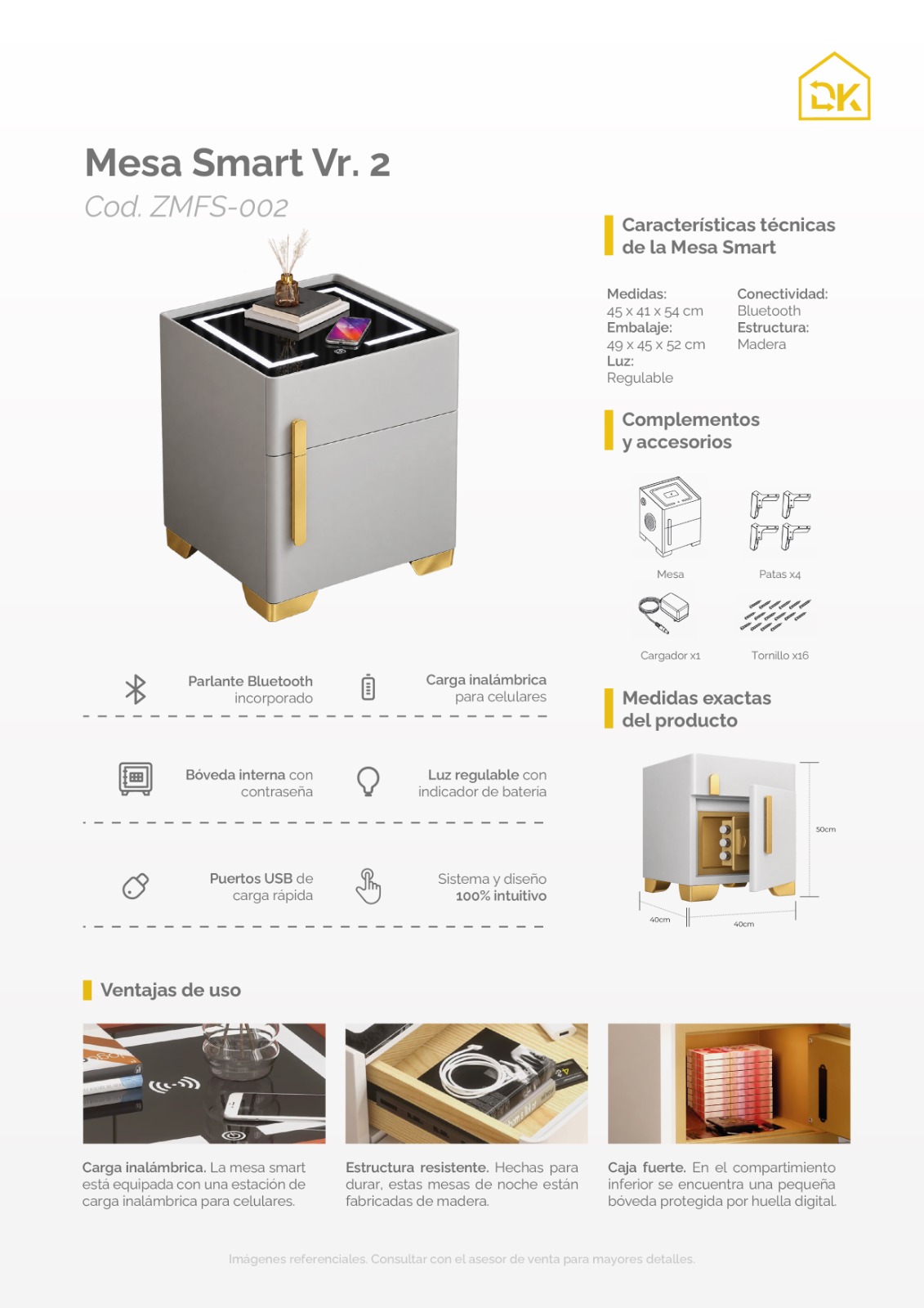 MESA DE NOCHE SMART VR. 2 DE MADERA CON BÓVEDA INTERNA, CLAVE, CARGA INALÁMBRICA, PARLANTE BLUETOOTH, USB Y LUZ REGULABLE - 3