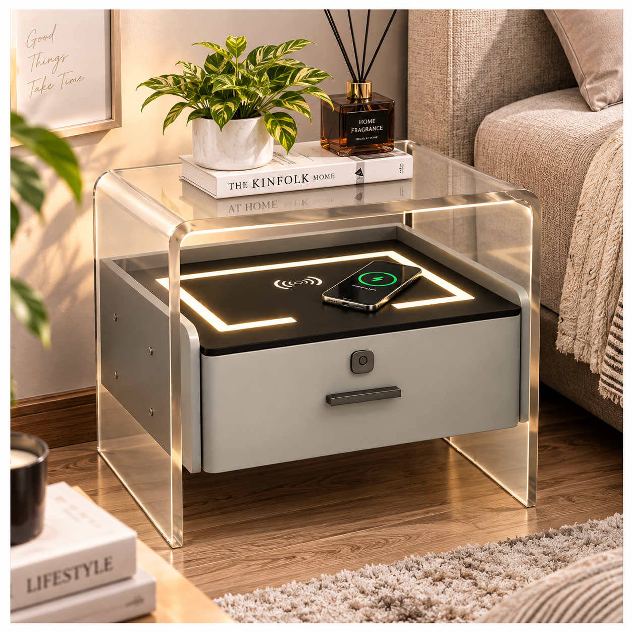 MESA DE NOCHE SMART VR. 3 DE MADERA CON HUELLA DACTILAR, CARGA INALÁMBRICA, DOBLE PARLANTE BLUETOOTH, USB Y LUZ DE 3 TONOS - 1