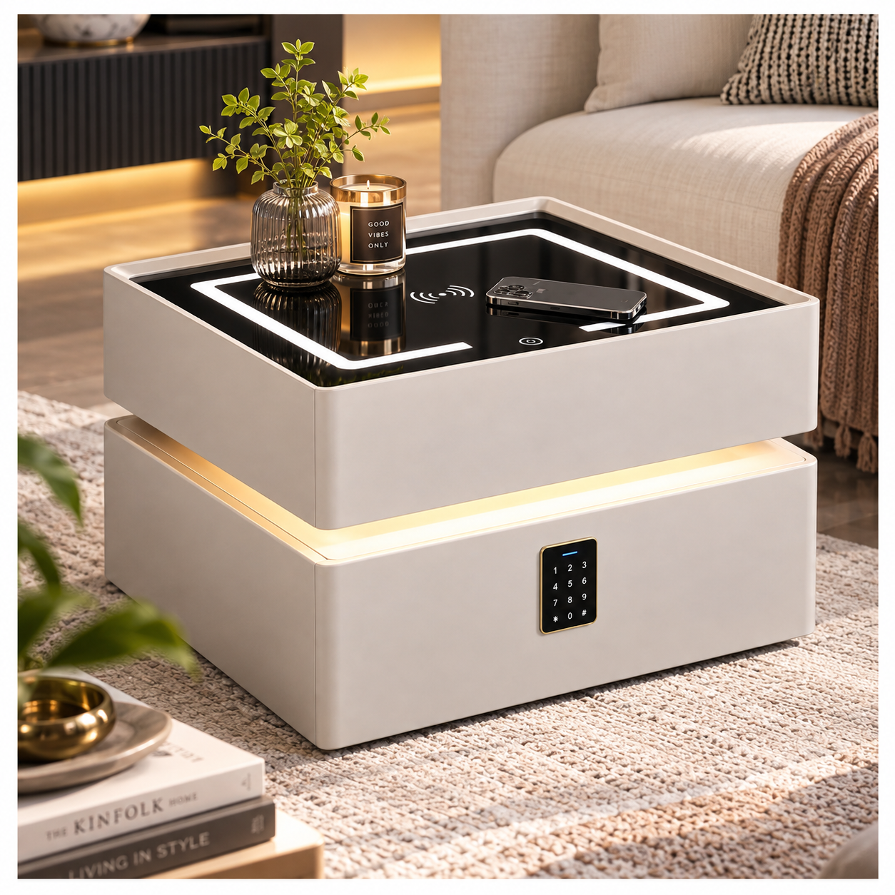 MESA DE NOCHE SMART VR. 4 DE MADERA CON CLAVE NUMÉRICA, CARGA INALÁMBRICA, PARLANTE BLUETOOTH, USB, LUZ REGULABLE Y CAJÓN - 1