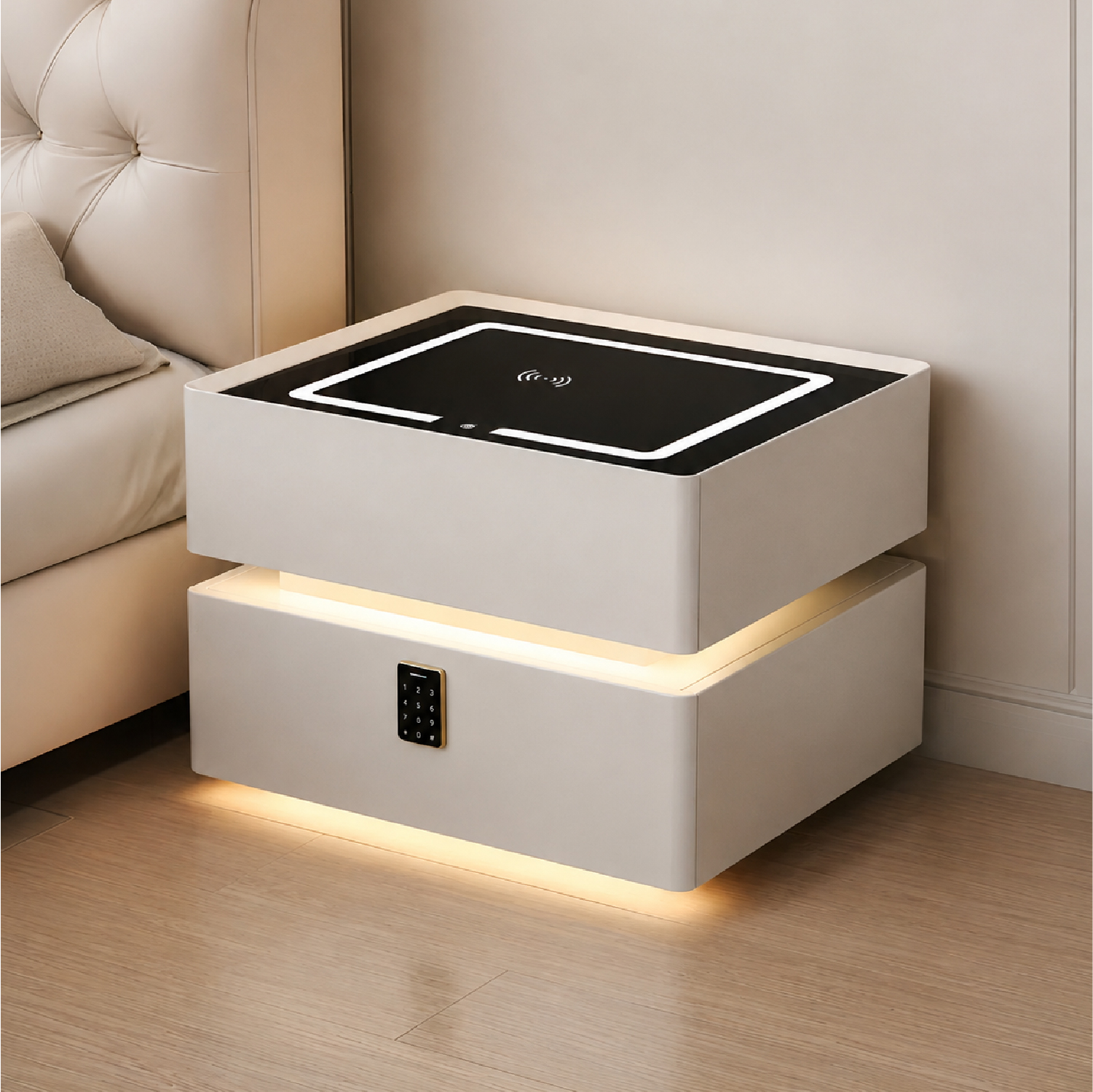 MESA DE NOCHE SMART VR. 4 DE MADERA CON CLAVE NUMÉRICA, CARGA INALÁMBRICA, PARLANTE BLUETOOTH, USB, LUZ REGULABLE Y CAJÓN - 2