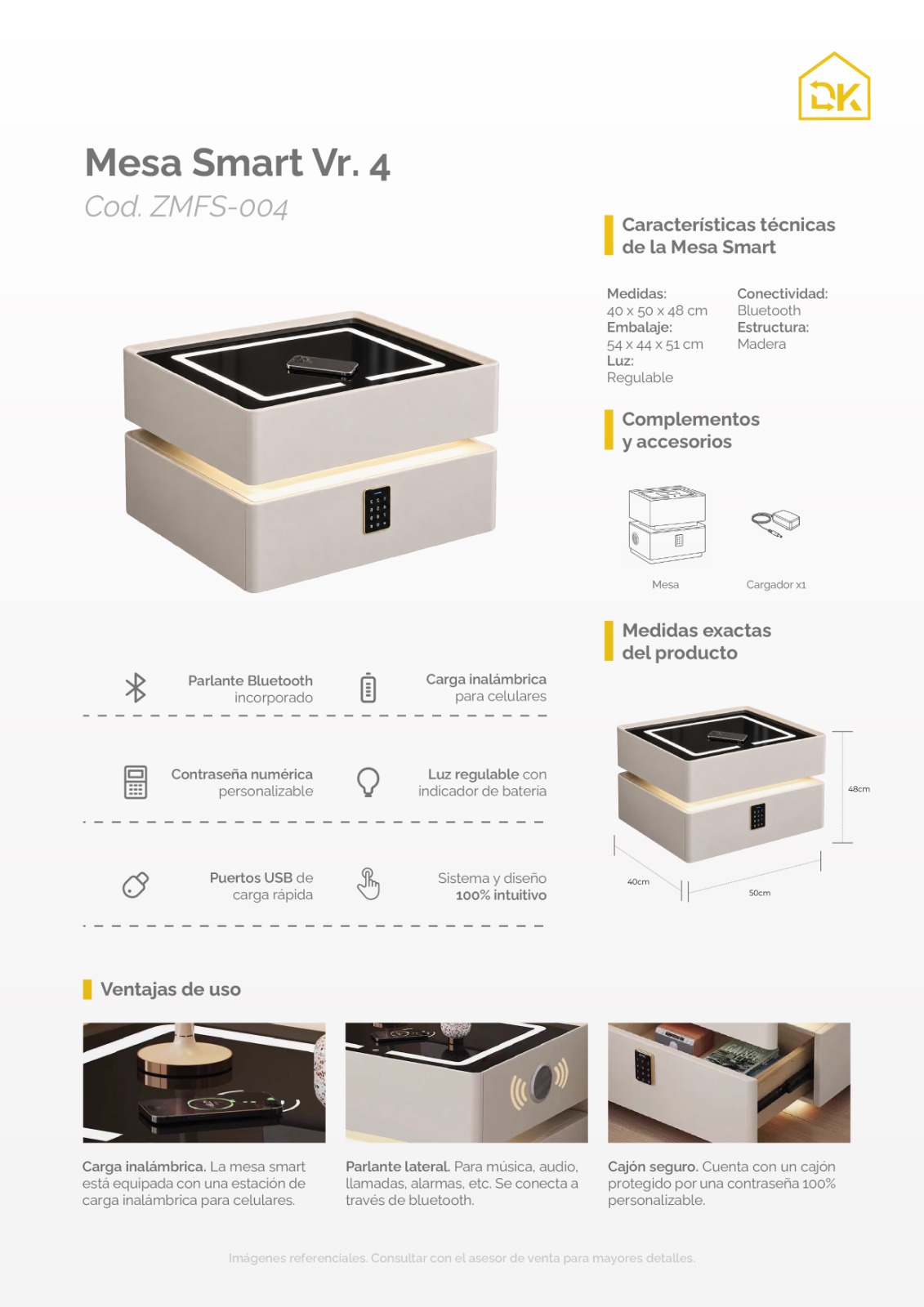 MESA DE NOCHE SMART VR. 4 DE MADERA CON CLAVE NUMÉRICA, CARGA INALÁMBRICA, PARLANTE BLUETOOTH, USB, LUZ REGULABLE Y CAJÓN - 7