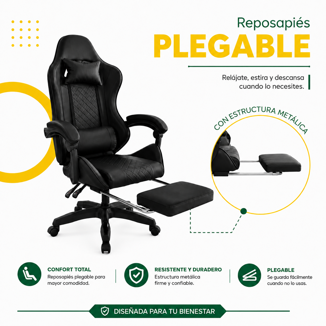 SILLA GAMER BYD NEGRO/NEGRO CON REPOSAPIÉS MÖBELART - 4