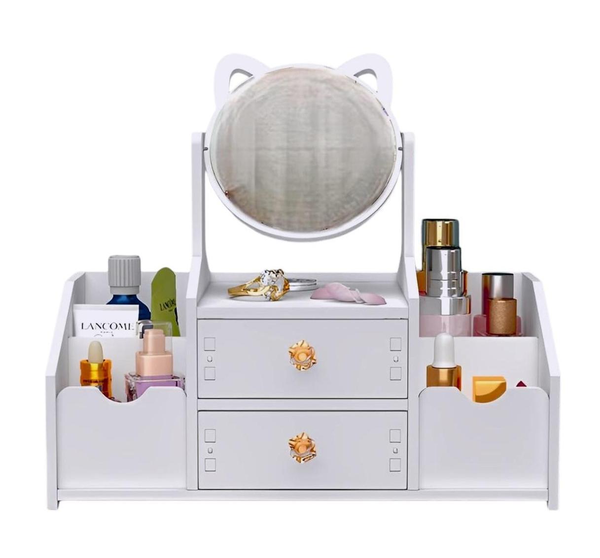 ORGANIZADOR MULTIUSOS 2 CAJONES CON ESPEJO MODELO GATITO COLOR BLANCO - 1