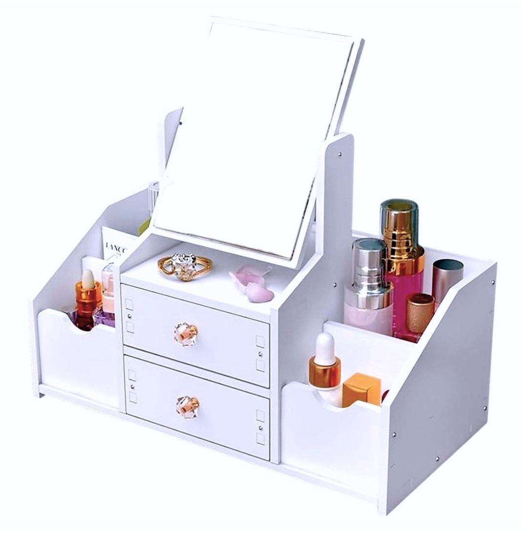 ORGANIZADOR MULTIUSOS 2 CAJONES CON ESPEJO CUADRADO COLOR BLANCO - 1