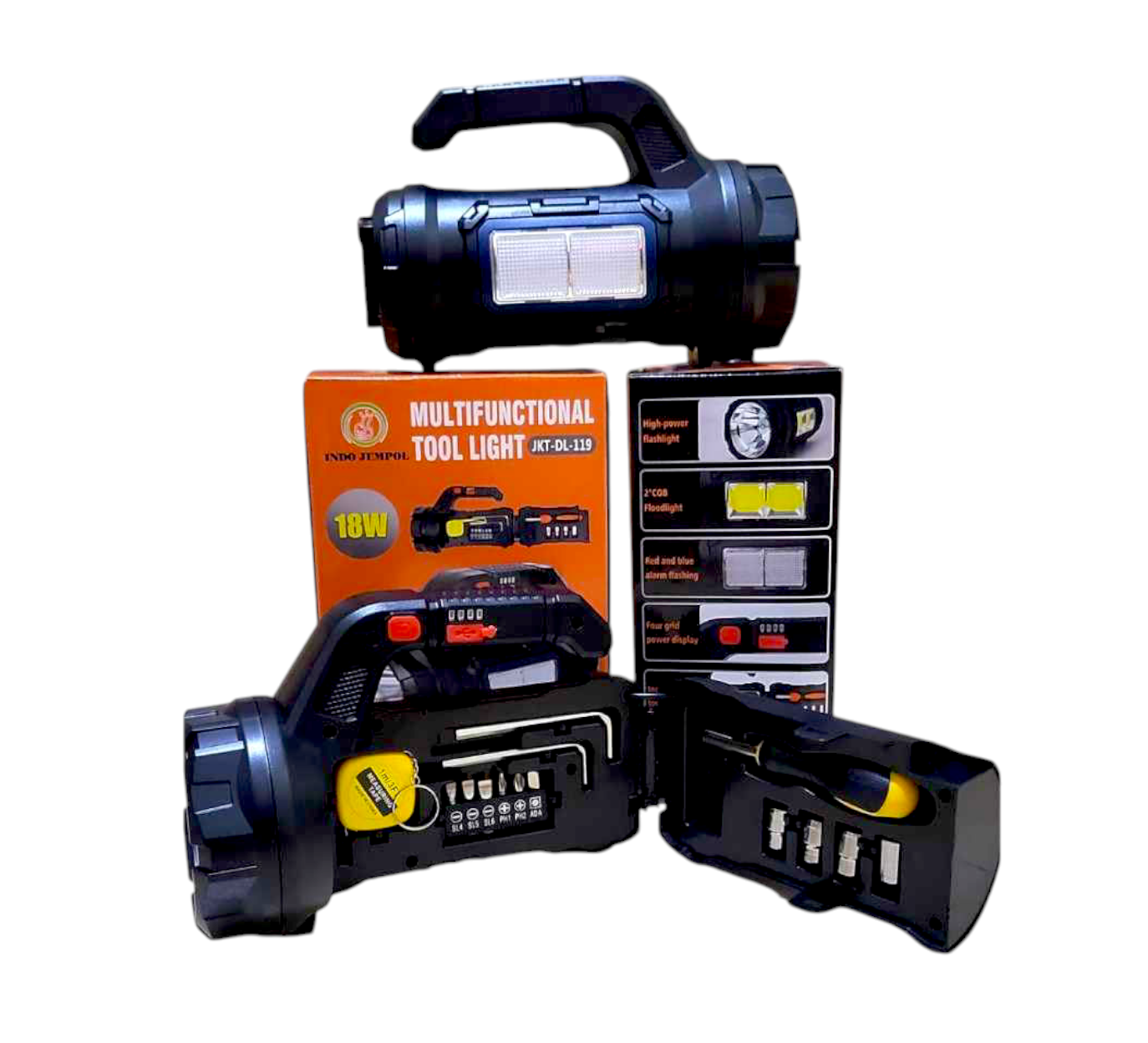 LINTERNA DE EMERGENCIA  RECARGABLE CON HERRAMIENTAS 18W - 1