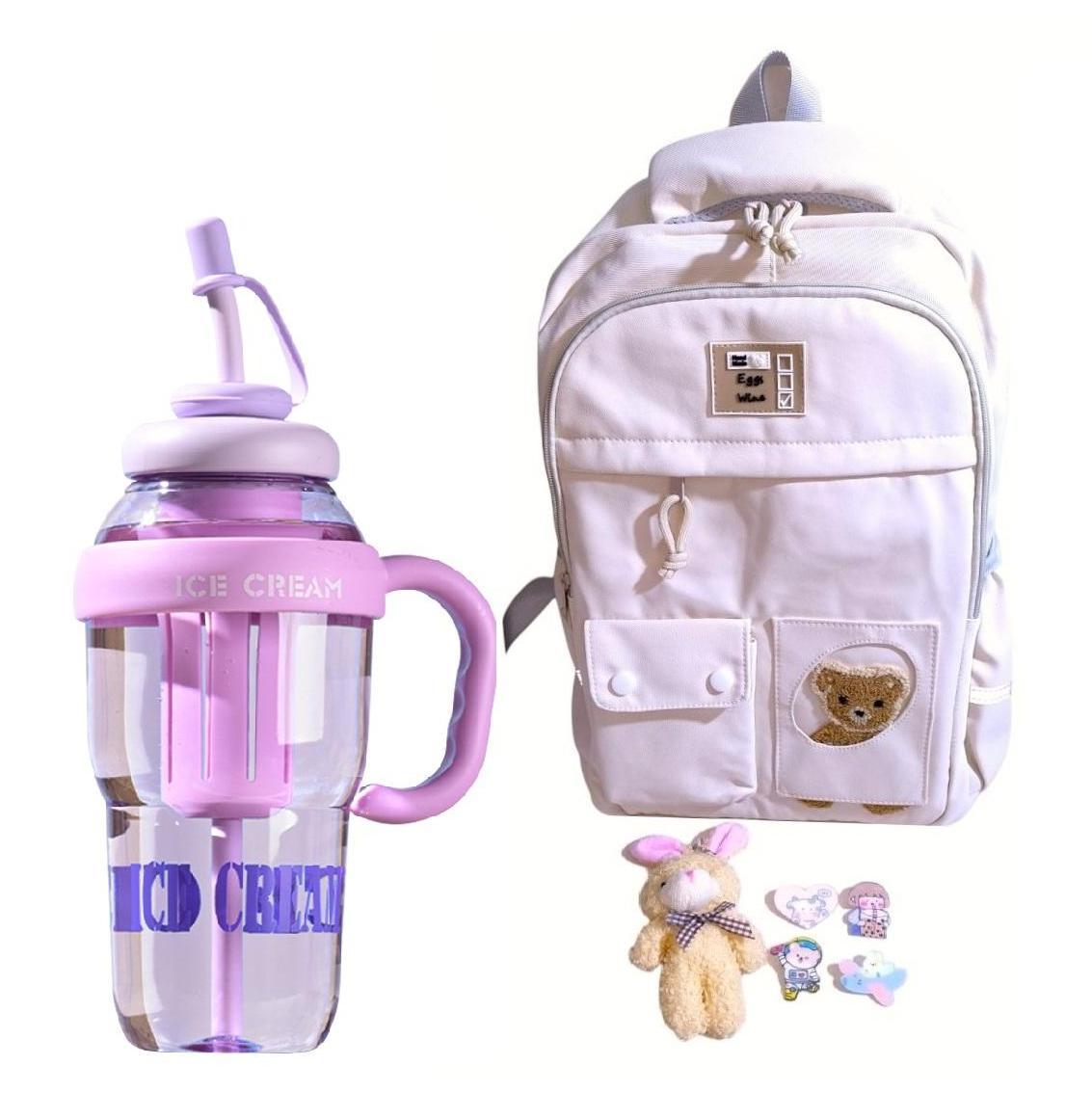MOCHILA KAWAII PORTA LAPTOP DISEÑO OSITO MÁS BOTELLA TOMATODO - 1