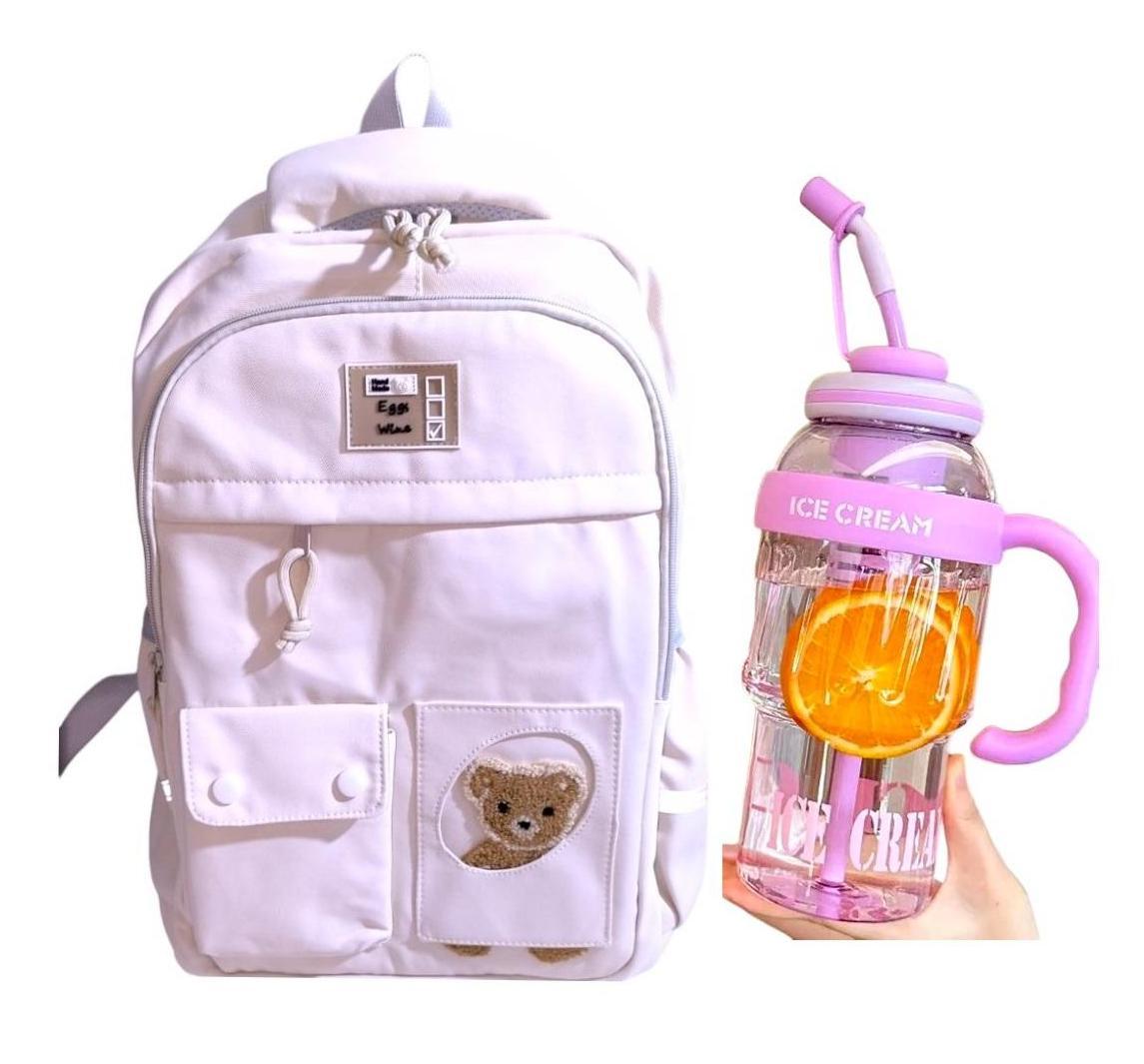 MOCHILA KAWAII PORTA LAPTOP DISEÑO OSITO MÁS BOTELLA TOMATODO - 2
