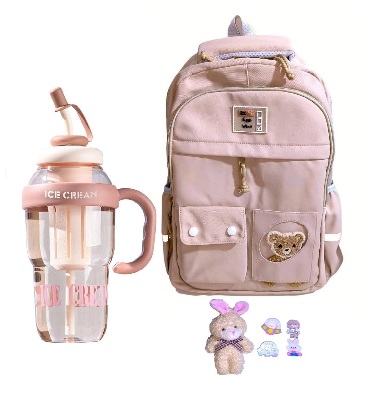 MOCHILA KAWAII PORTA LAPTOP DISEÑO OSITO MÁS BOTELLA TOMATODO - 1