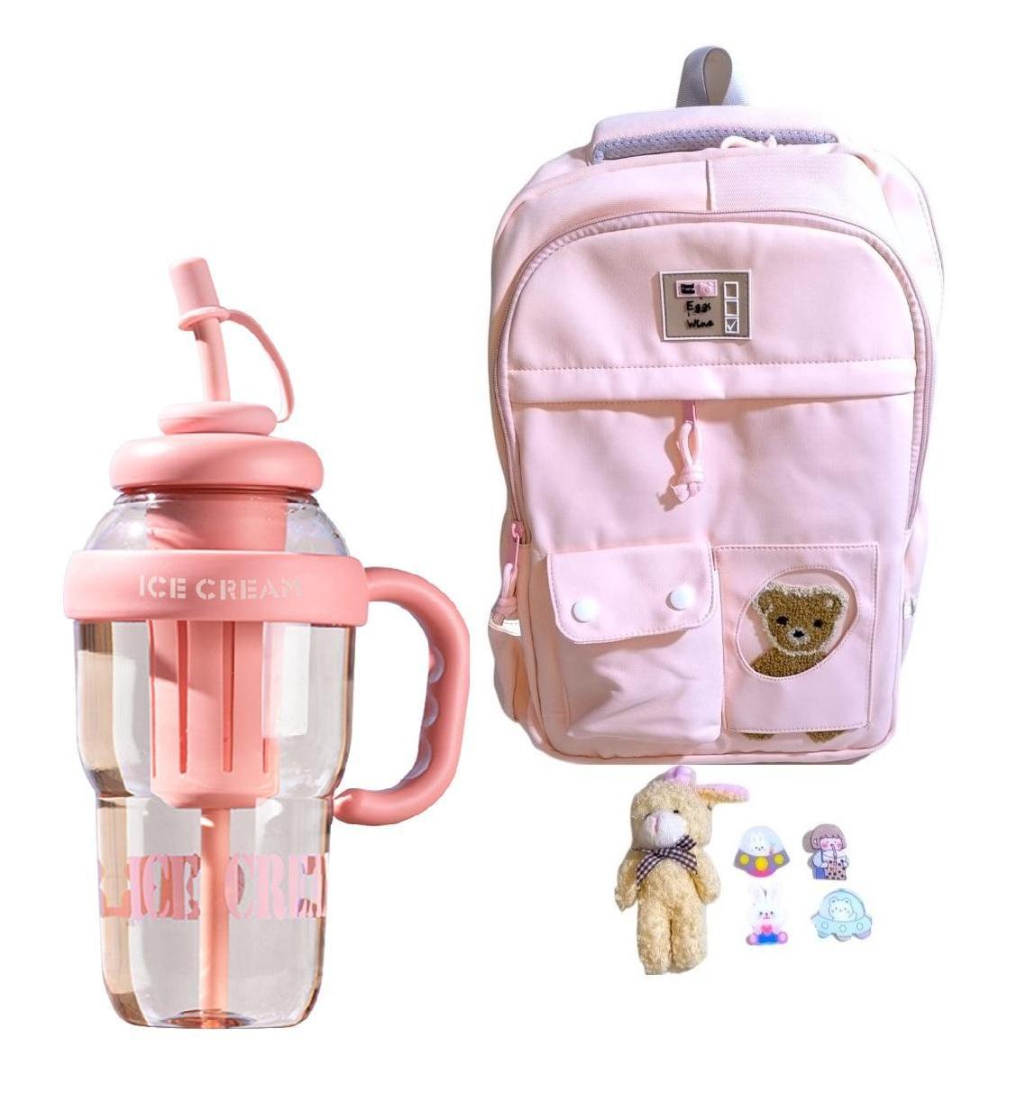 MOCHILA KAWAII PORTA LAPTOP DISEÑO OSITO MÁS BOTELLA TOMATODO - 1