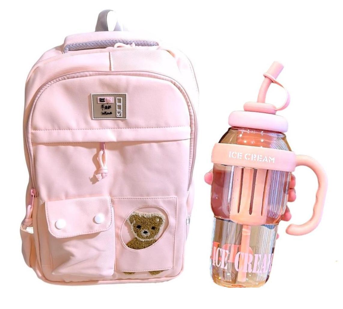 MOCHILA KAWAII PORTA LAPTOP DISEÑO OSITO MÁS BOTELLA TOMATODO - 2