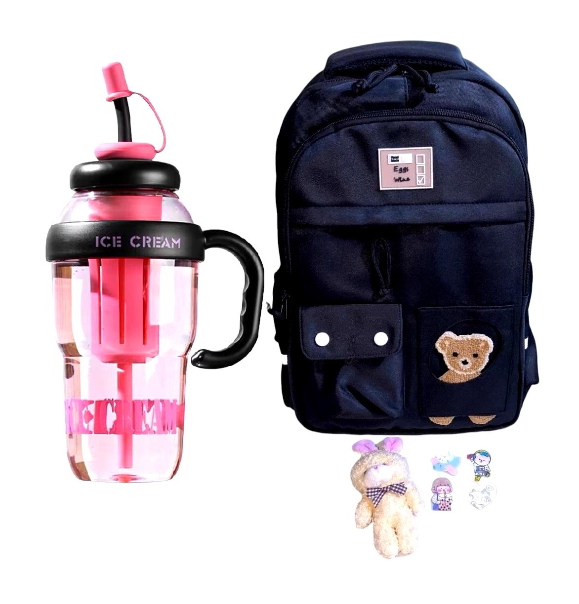 MOCHILA KAWAII PORTA LAPTOP DISEÑO OSITO MÁS BOTELLA TOMATODO - 1