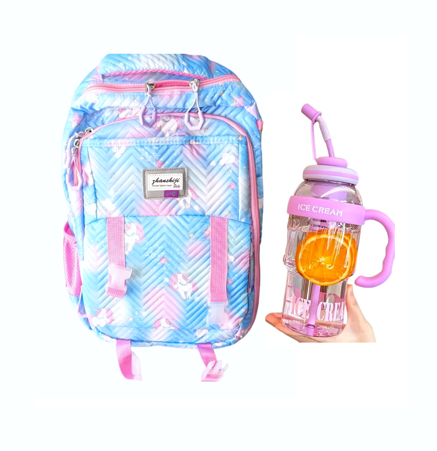 MOCHILA KAWAII DISEÑO UNICORNIO TIPO LIBRO MÁS BOTELLA TOMATODO - 1