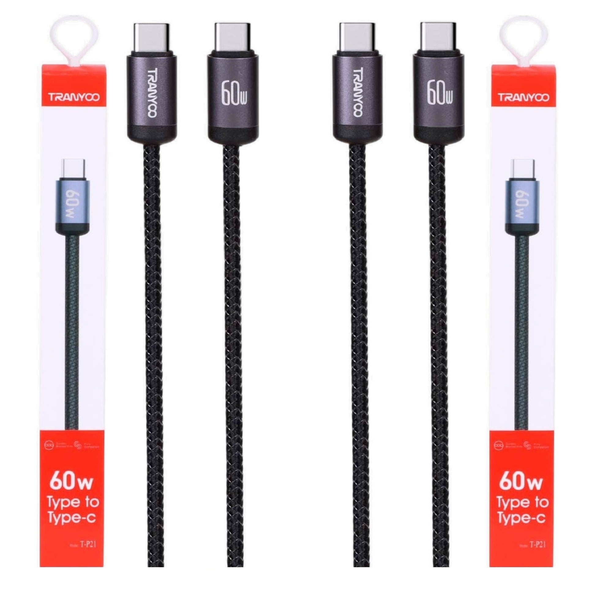 CABLE DE DATOS Y CARGA RÁPIDA 60W. X 2 UNIDADES - TRANYOO MODELO T-P21 - 1
