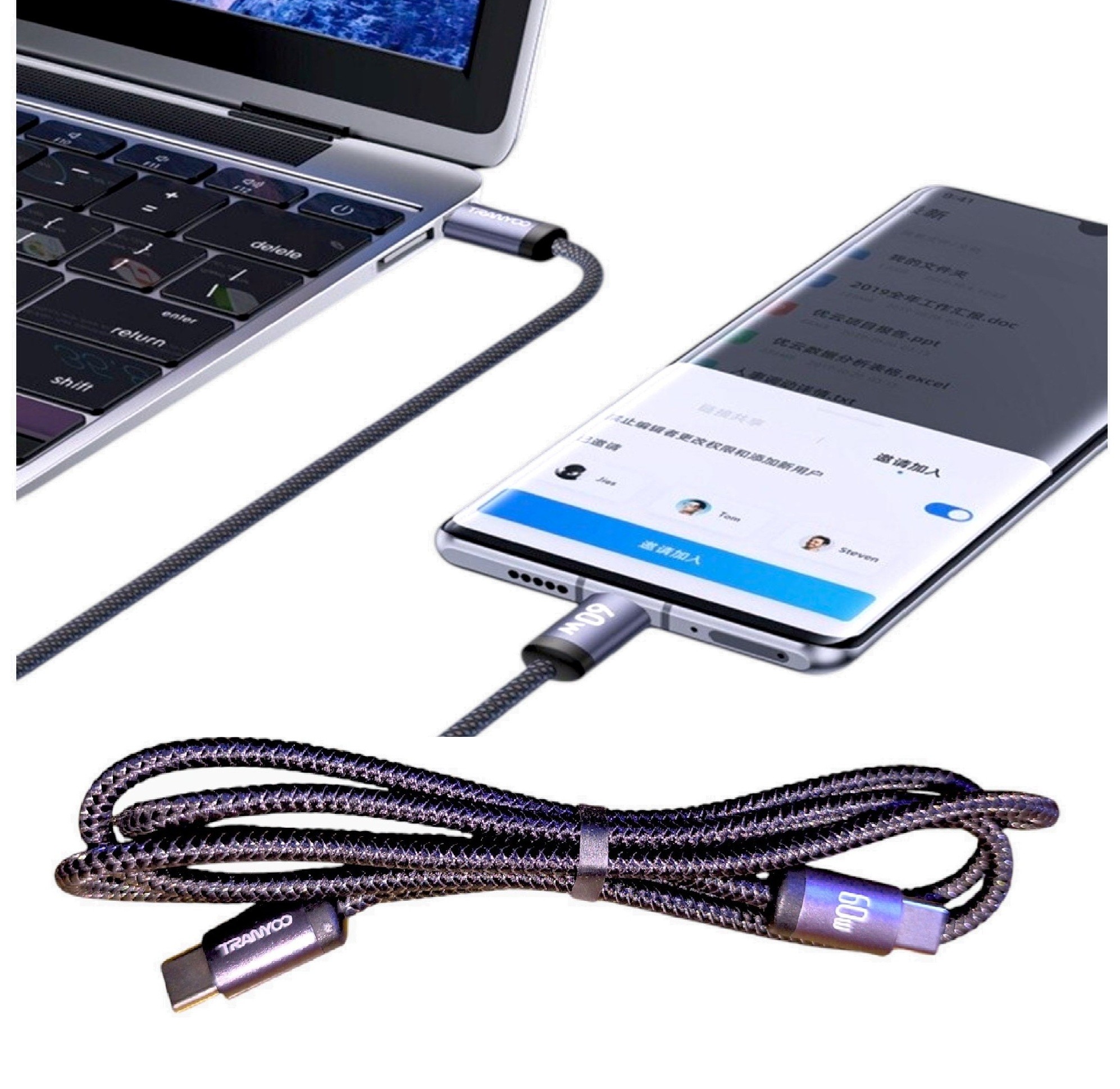 CABLE DE DATOS Y CARGA RÁPIDA 60W. X 2 UNIDADES - TRANYOO MODELO T-P21 - 2