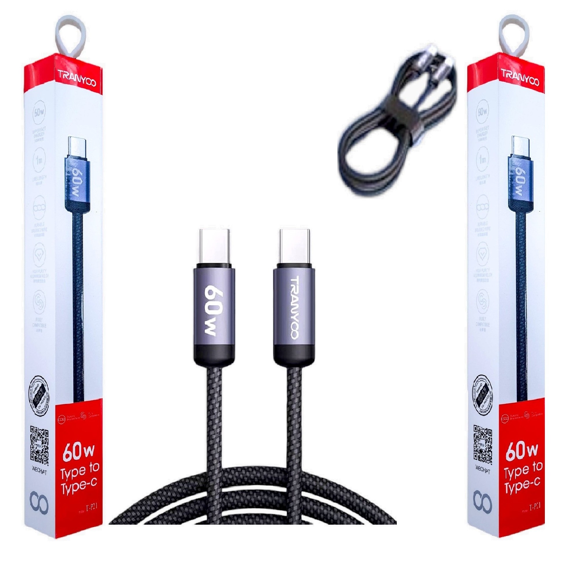CABLE DE DATOS Y CARGA RÁPIDA 60W. X 2 UNIDADES - TRANYOO MODELO T-P21 - 4