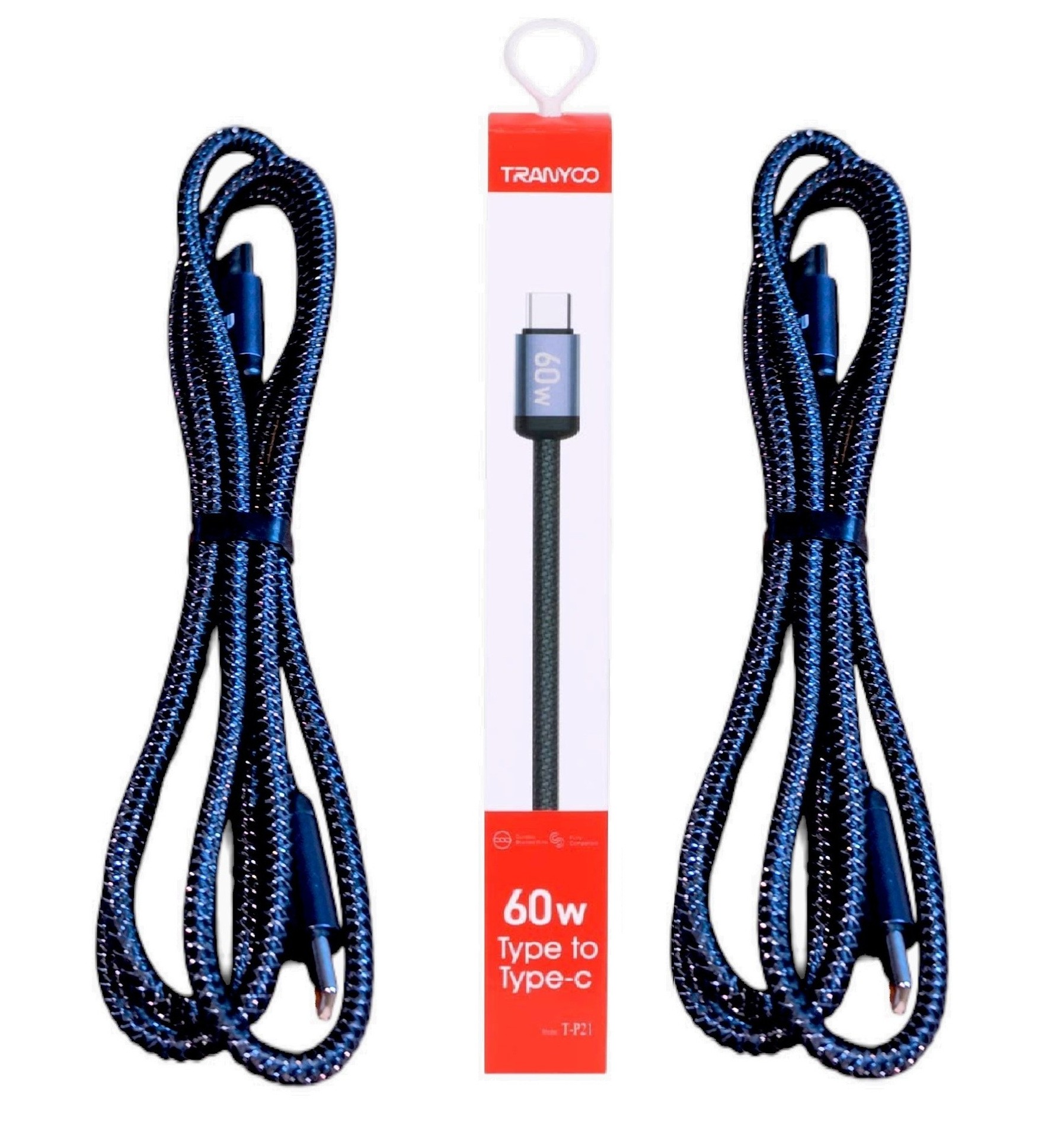 CABLE DE DATOS Y CARGA RÁPIDA 60W. X 2 UNIDADES - TRANYOO MODELO T-P21 - 5