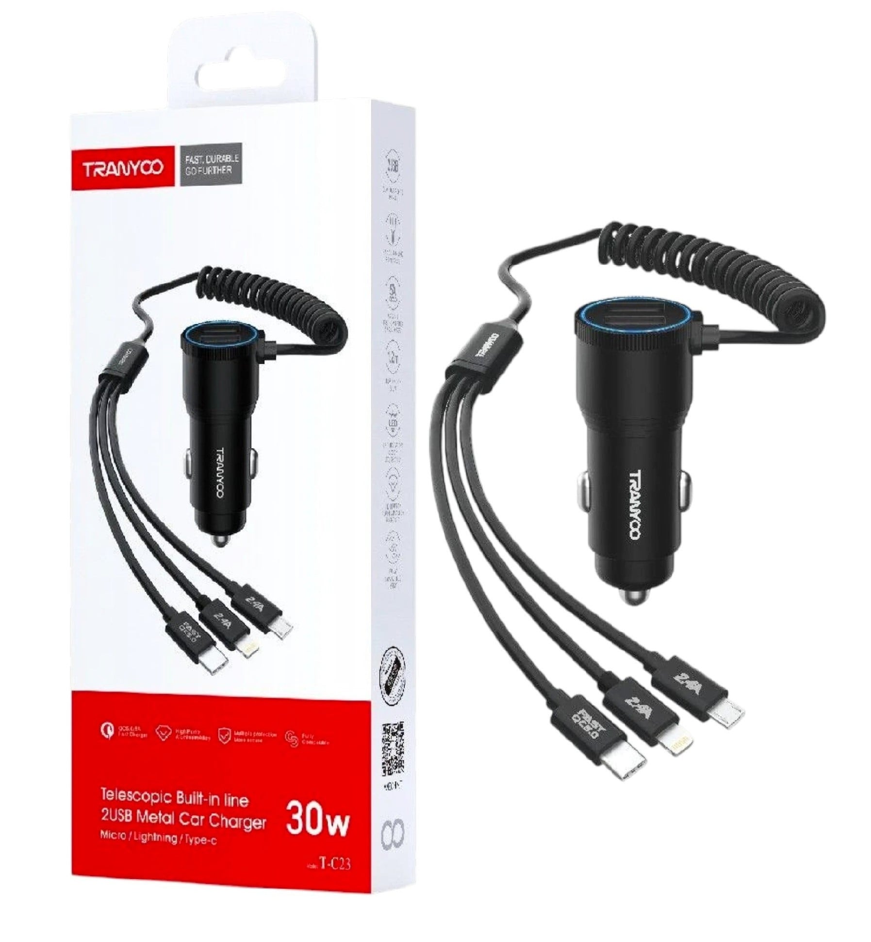 CARGADOR DE AUTO 3 EN 1: MICRO/LIGHTNING/TIPO C CARGA RÁPIDA 30W MODELO: T-C23 - 1