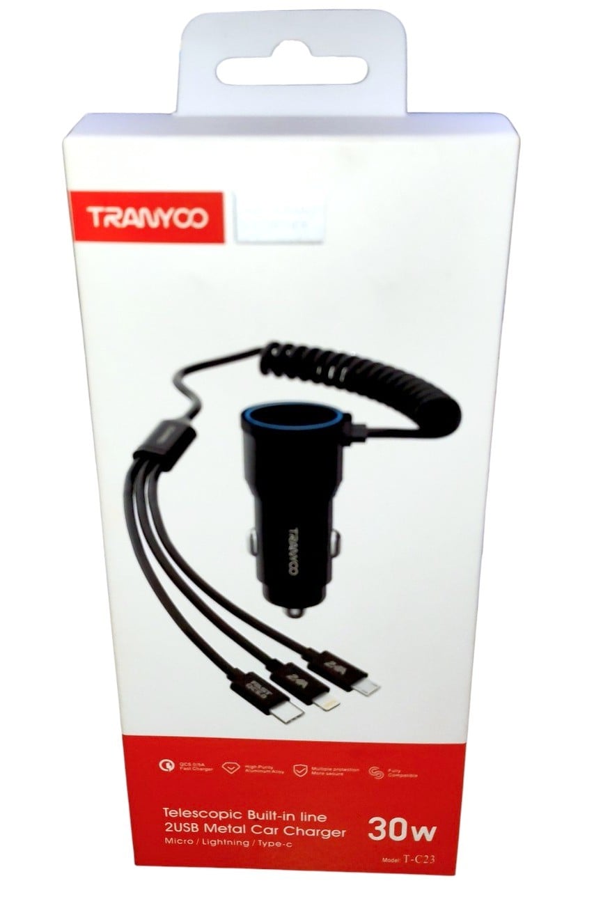 CARGADOR DE AUTO 3 EN 1: MICRO/LIGHTNING/TIPO C CARGA RÁPIDA 30W MODELO: T-C23 - 2