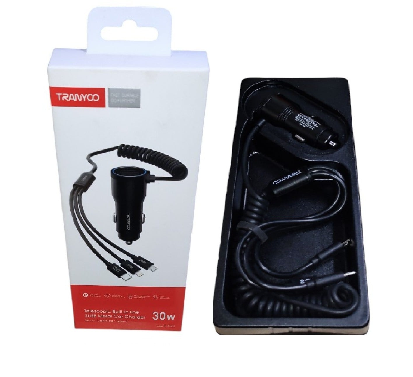 CARGADOR DE AUTO 3 EN 1: MICRO/LIGHTNING/TIPO C CARGA RÁPIDA 30W MODELO: T-C23 - 3