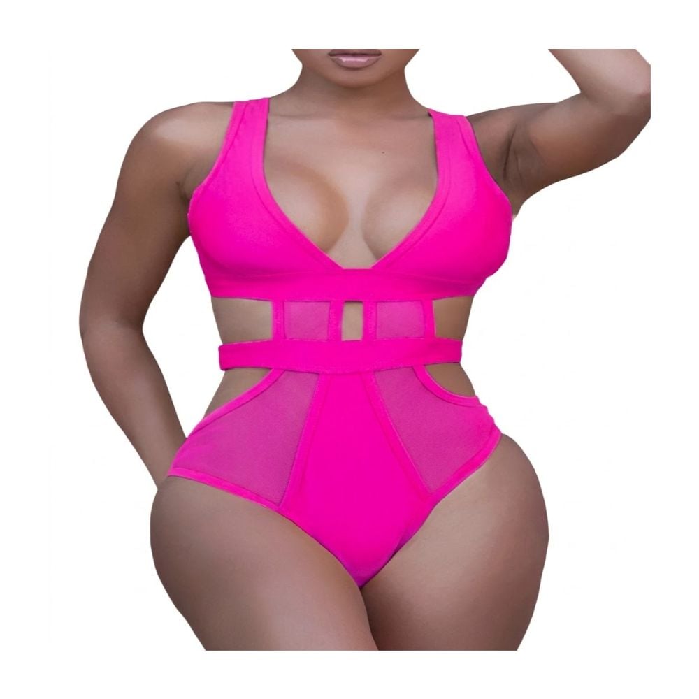 TRAJE DE BAÑO ROSADO DE UNA PIEZA CON ABERTURAS Y TRANSPARENCIAS - 1