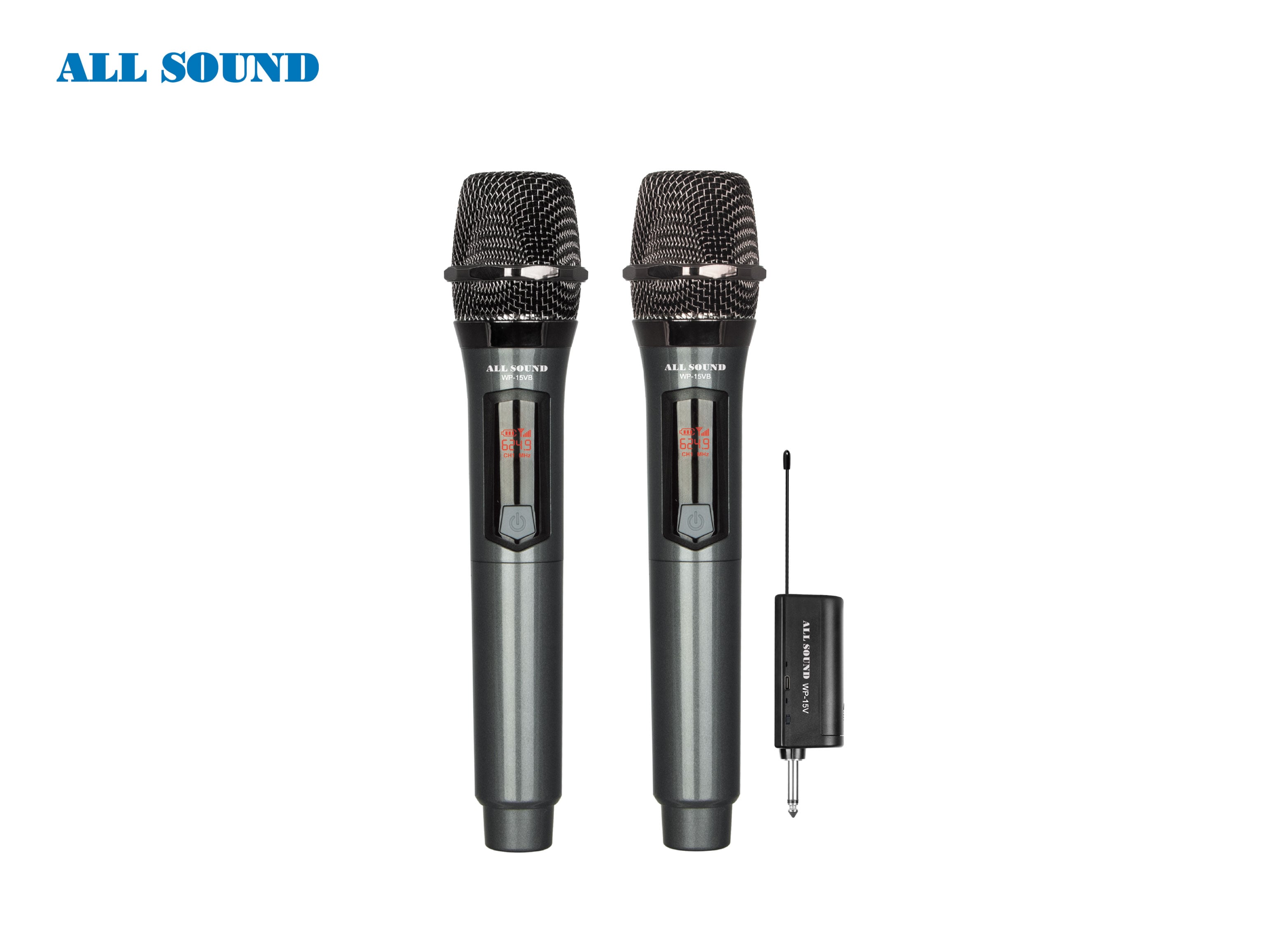 MICRÓFONO INALÁMBRICO DOBLE DE MANO VHF RECARGABLE ALL SOUND WP-15VB - 1