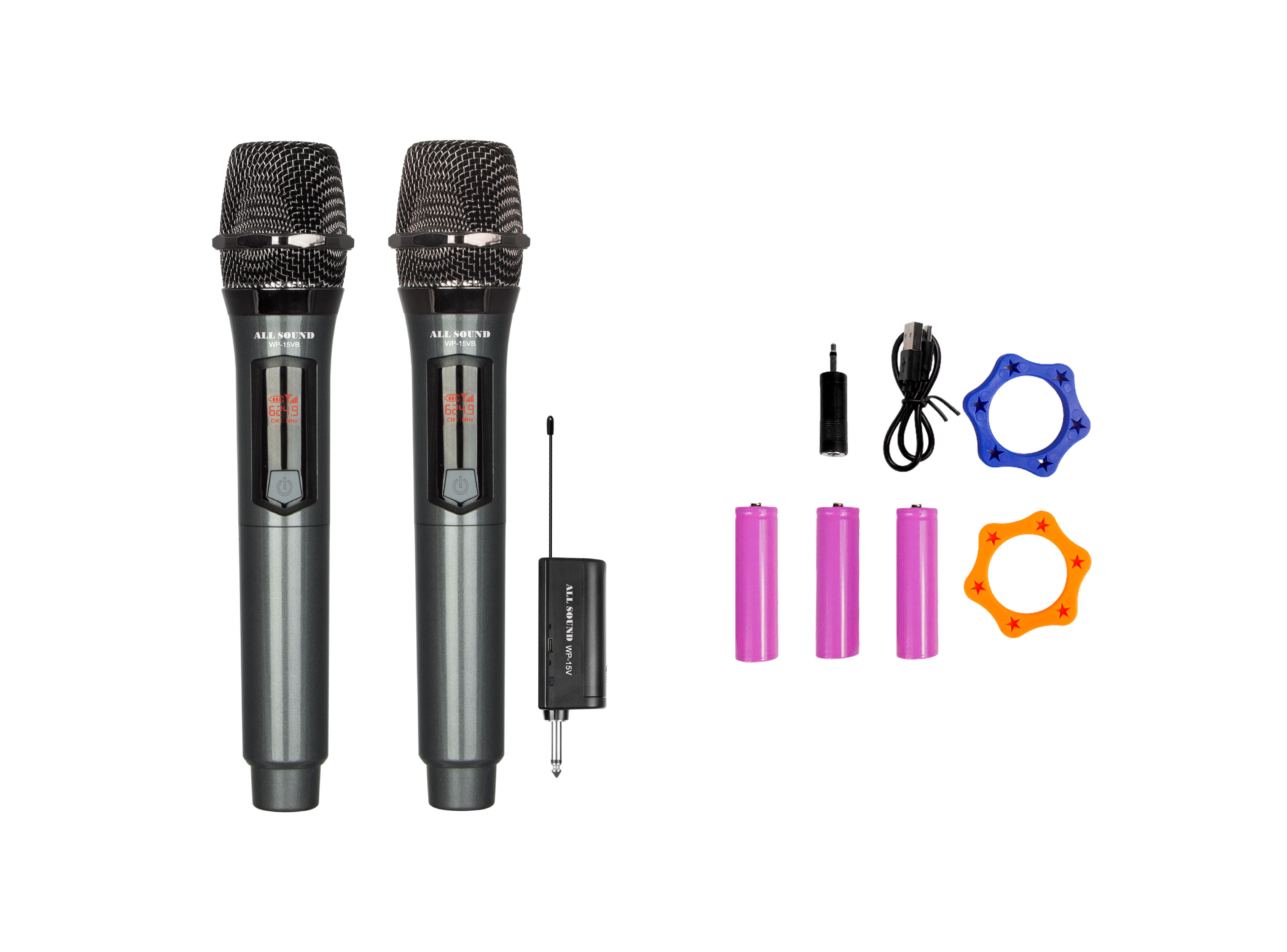 MICRÓFONO INALÁMBRICO DOBLE DE MANO VHF RECARGABLE ALL SOUND WP-15VB - 3