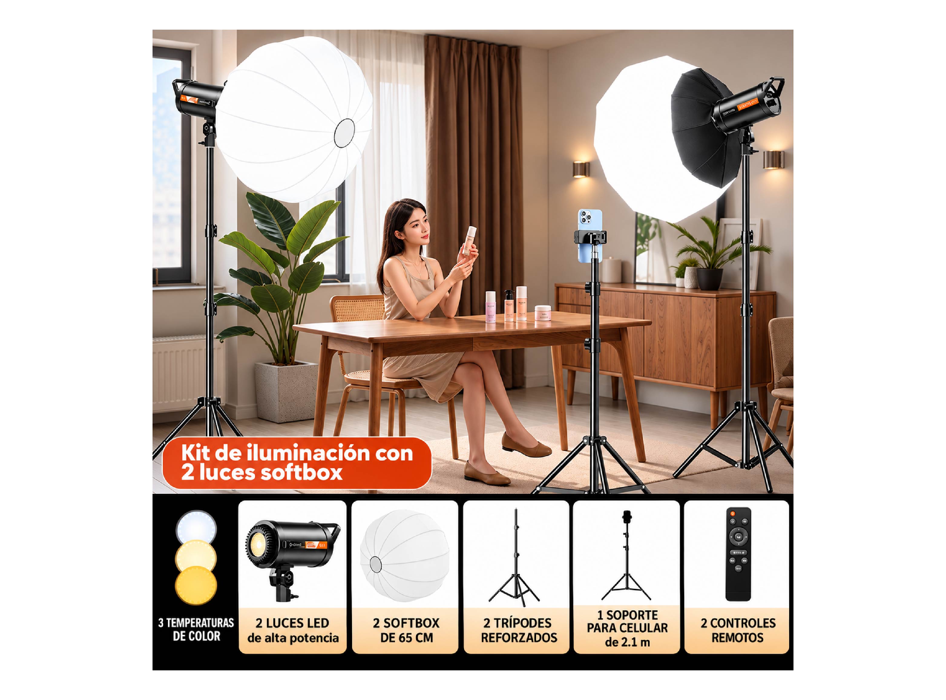 KIT DE ILUMINACIÓN FOTOGRÁFICA LED CON 2 SOFTBOX ESFÉRICOS  Y PARANTES– ALL SOUND BD-TJ1001O - 3