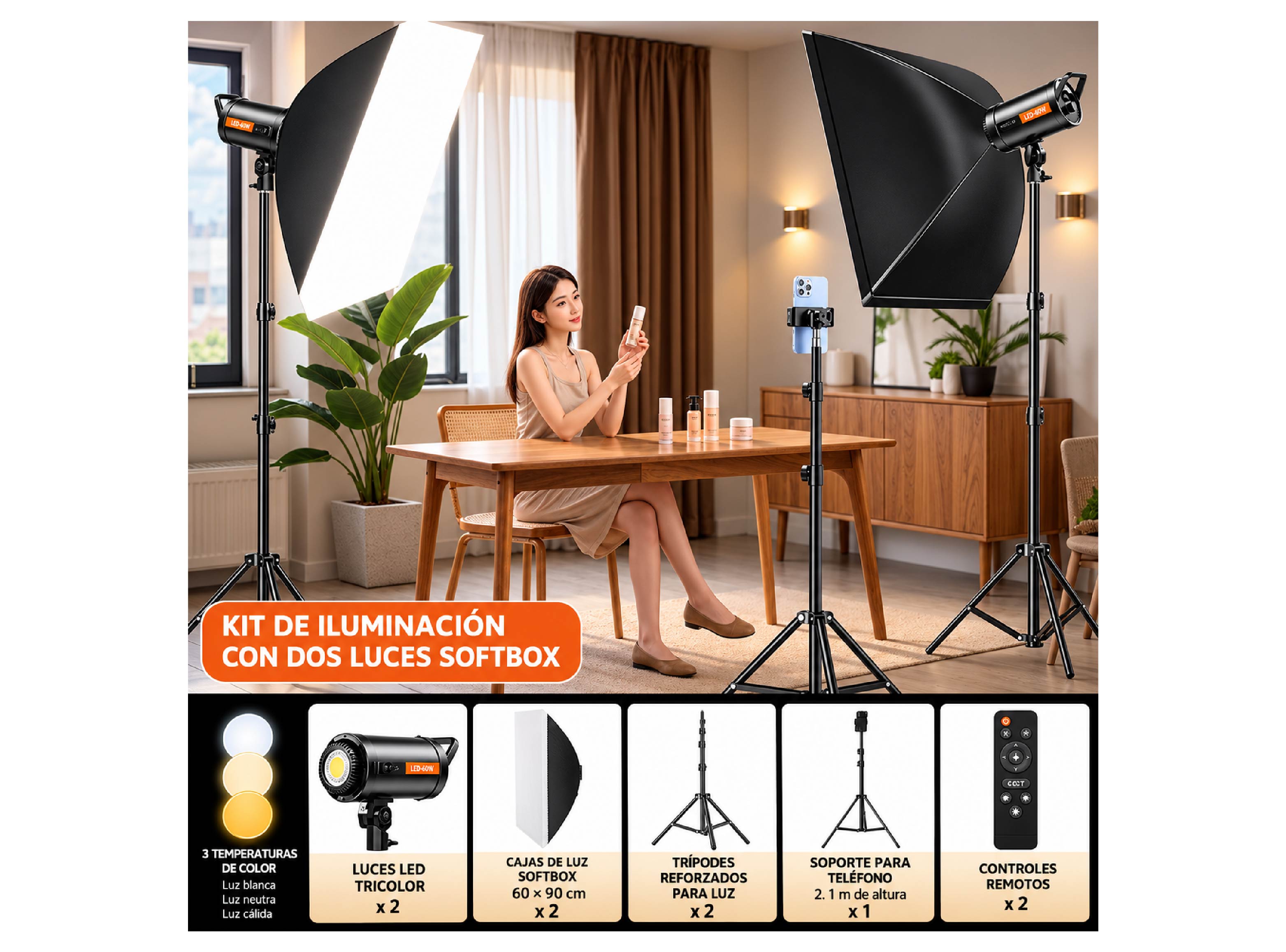 KIT DE ILUMINACIÓN FOTOGRÁFICA LED DE 2 SOFTBOX  Y PARANTES – ALL SOUND - 4