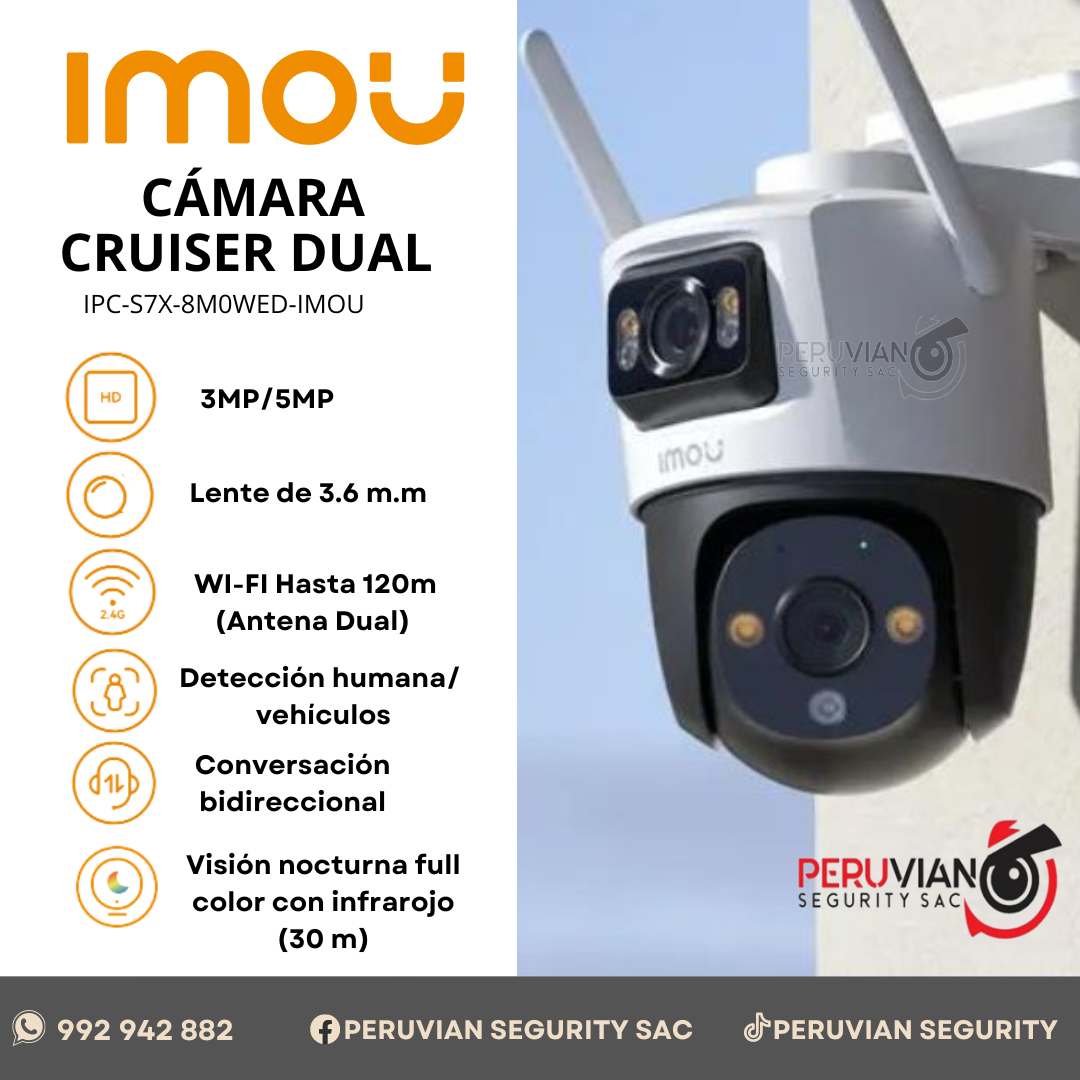 CRUISER DUAL - DOMO EXTERIOR WIFI - PANYTILT - 8.0 MP - 4K - FULLCOLOR - IR 30M - IPC-S7X-8M0WED-IMOU - 2