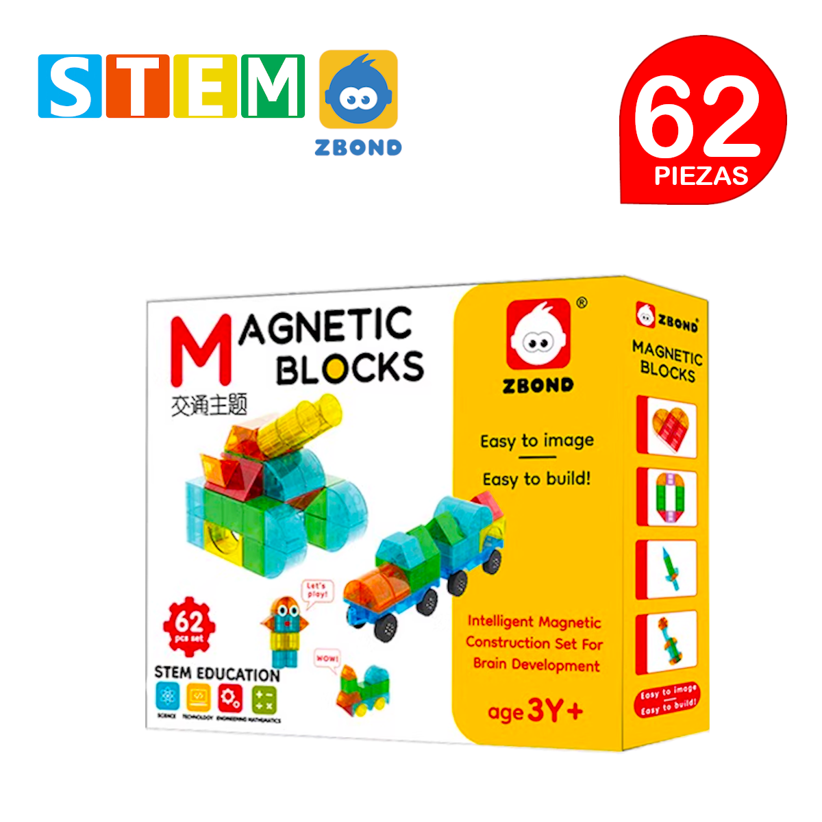 BLOQUES MAGNÉTICOS 3D DIDÁCTICOS STEM ZBOND CAJA 62 PIEZAS - 1