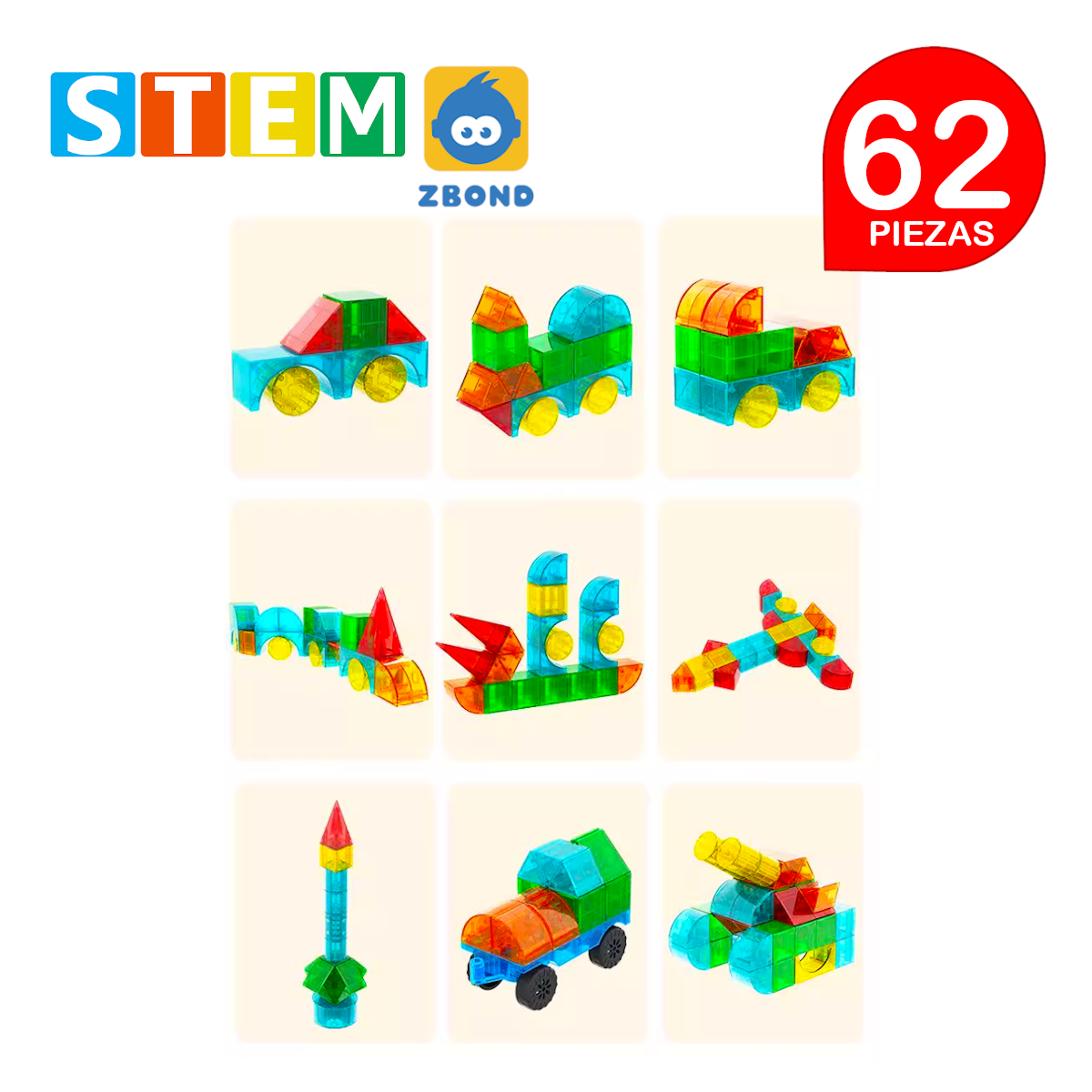 BLOQUES MAGNÉTICOS 3D DIDÁCTICOS STEM ZBOND CAJA 62 PIEZAS - 2