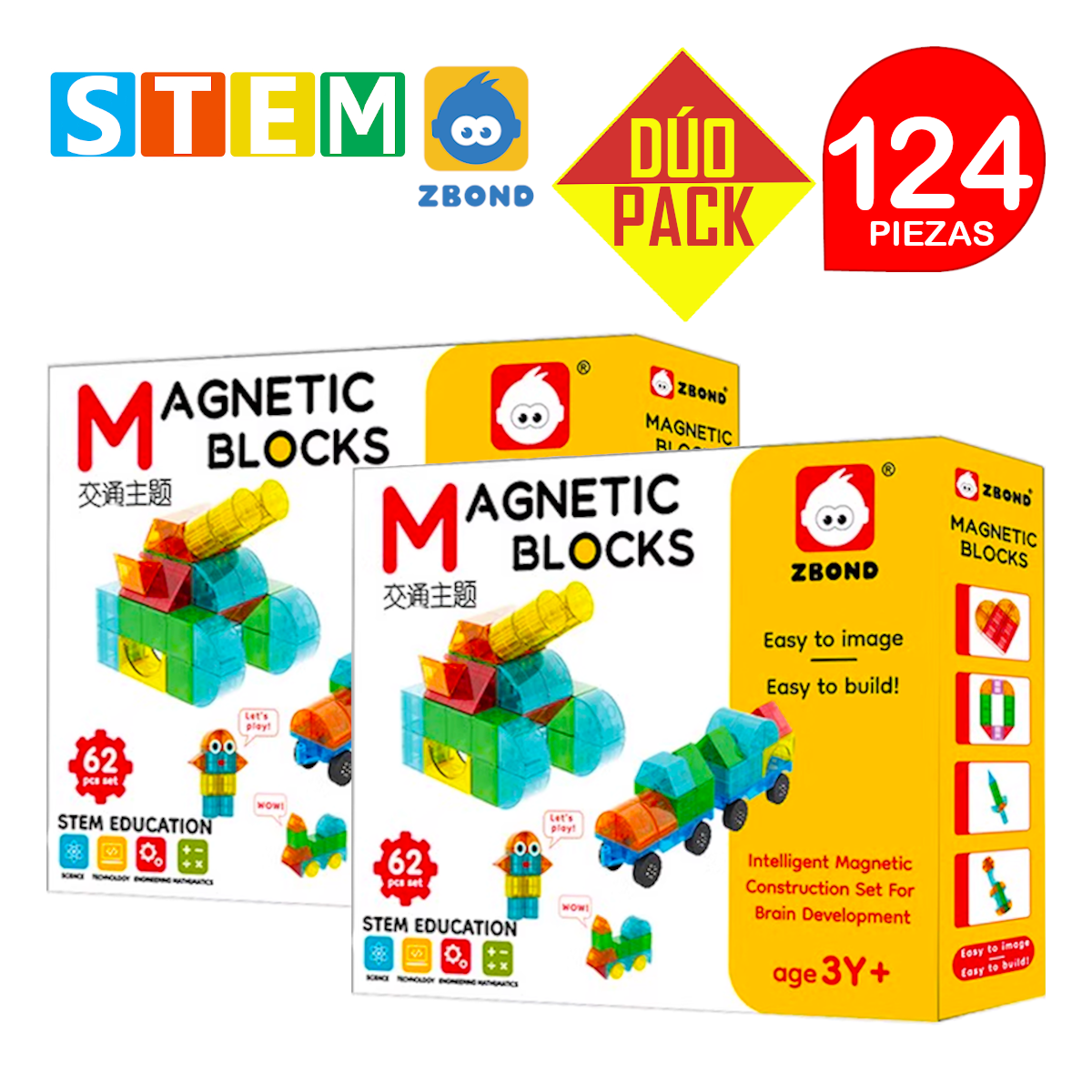 BLOQUES MAGNÉTICOS 3D DIDÁCTICOS STEM ZBOND 62PZ. DÚO PACK 124 PIEZAS - 1