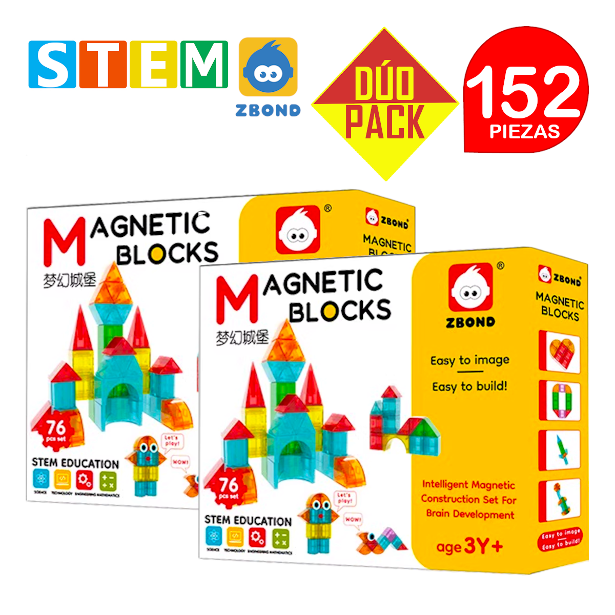 BLOQUES MAGNÉTICOS 3D DIDÁCTICOS STEM ZBOND 76PZ. DÚO PACK 152 PIEZAS - 1