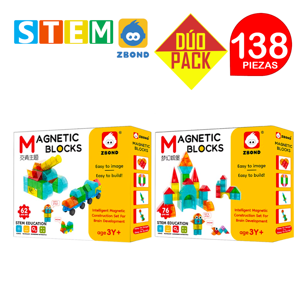 BLOQUES MAGNÉTICOS 3D DIDÁCTICOS STEM ZBOND 62PZ + 76PZ. DÚO PACK 138 PIEZAS - 1