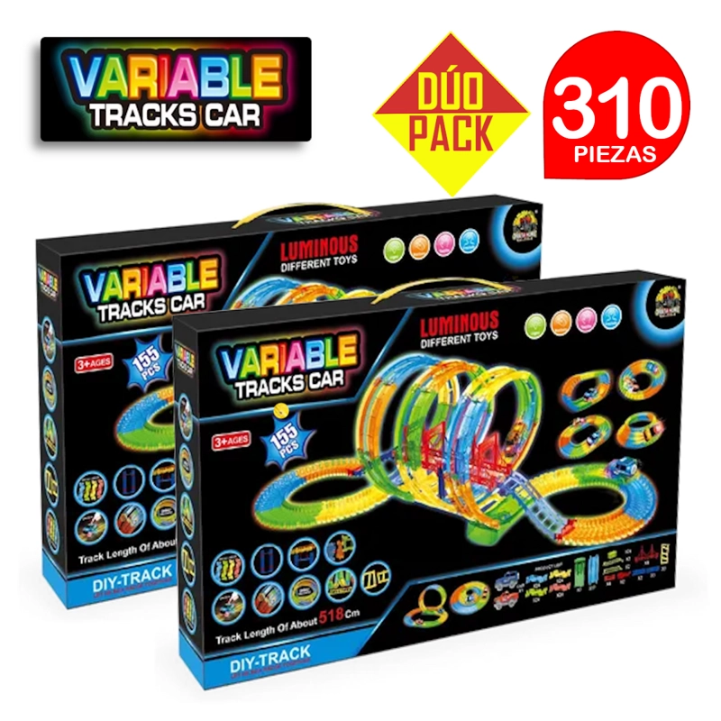 PISTA DE CARRERRA VARIABLE TRACK LUMINOSA FLEXIBLE 155PZ DÚO PACK 310 PIEZAS - 1