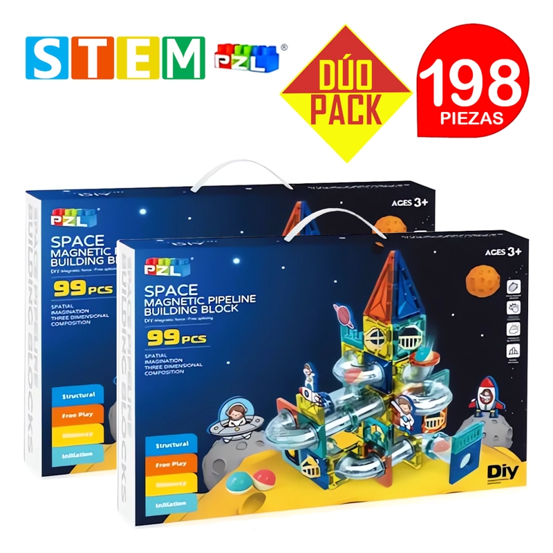 BLOQUES MAGNÉTICOS DIDÁCTICOS STEM PZL ESPACIAL CAJA 99 PIEZAS. DÚO PACK 198 PIEZAS - 1
