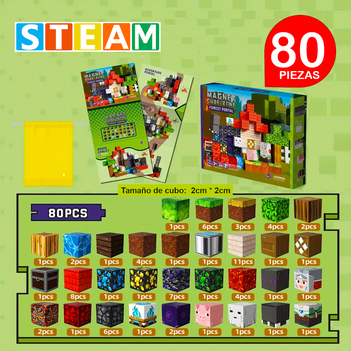 CUBOS MAGNÉTICOS 3D DIDÁCTICOS STEAM CAJA 80 PIEZAS FOREST PORTAL - 2
